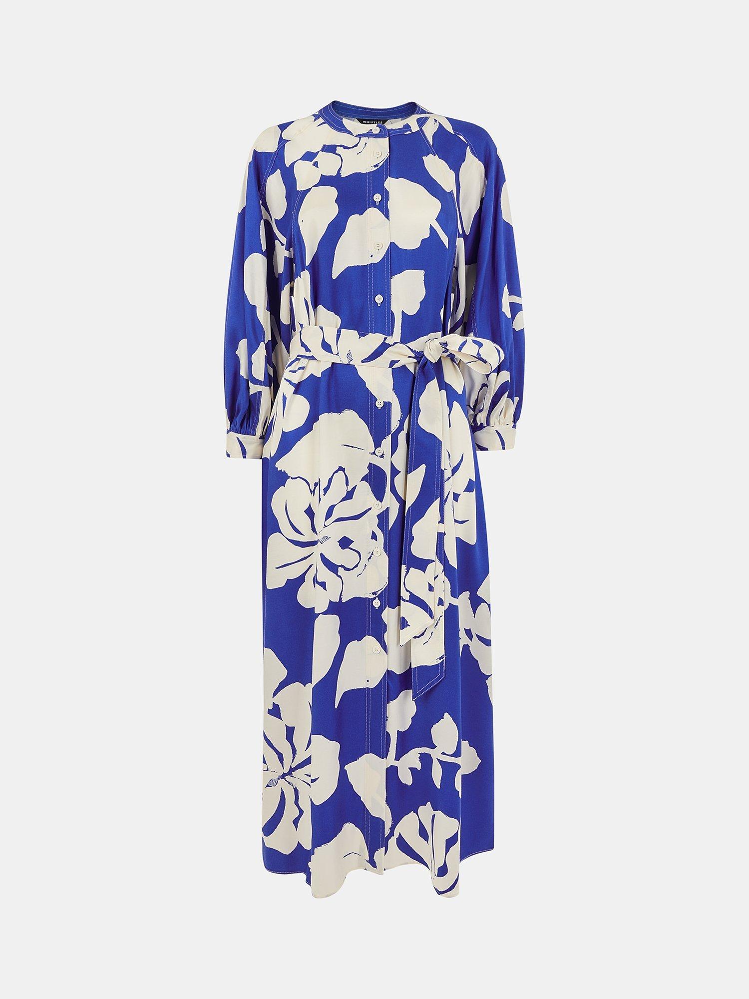 Product image 5 of 5, which shows Whistles Mabel Hawaiian Print Satin Midi Shirt Dress, Blue/Multi, 10