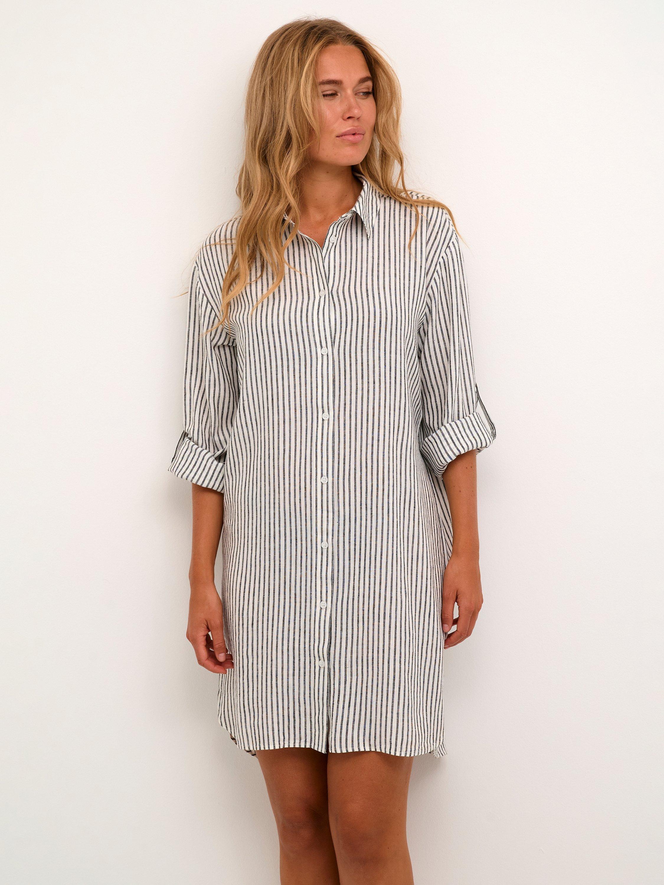 Product image 1 of 5, which shows KAFFE Milia Linen Blend Shirt Dress, Chalk/Black, 8