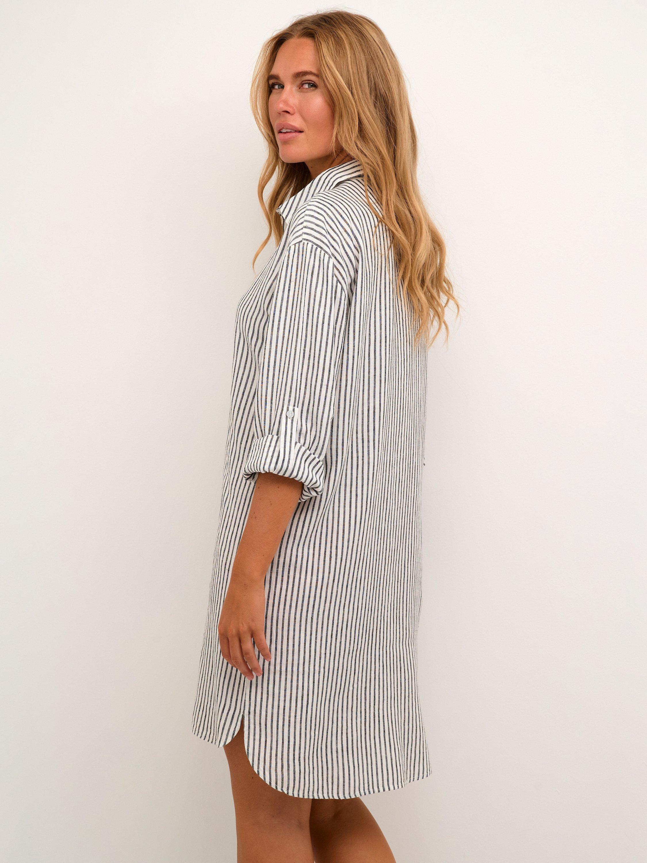 Product image 2 of 5, which shows KAFFE Milia Linen Blend Shirt Dress, Chalk/Black, 8