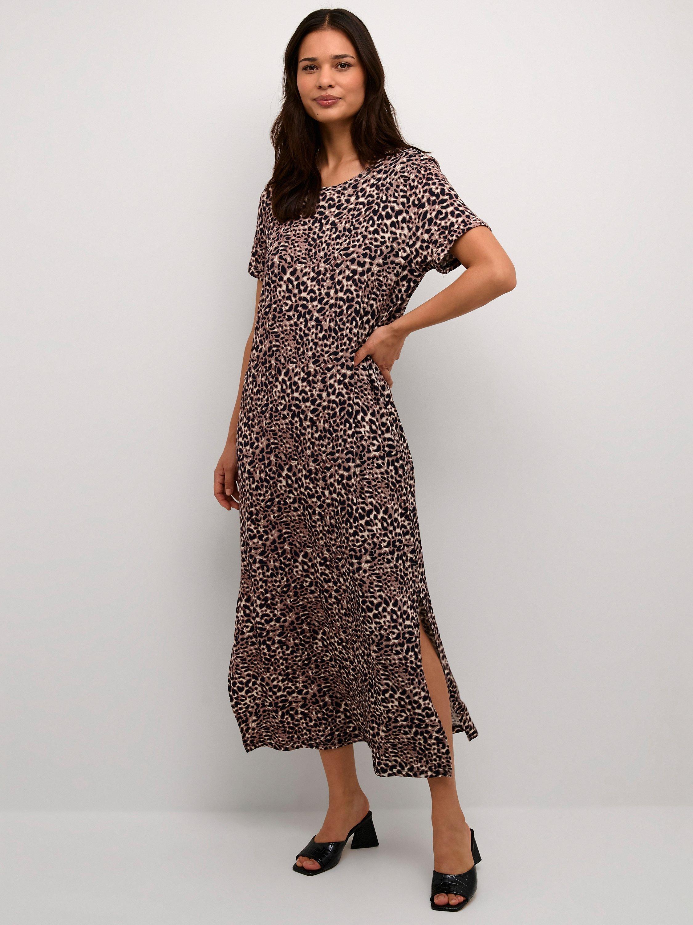 KAFFE Charlotte Animal Print Maxi T Shirt Dress Brown Multi