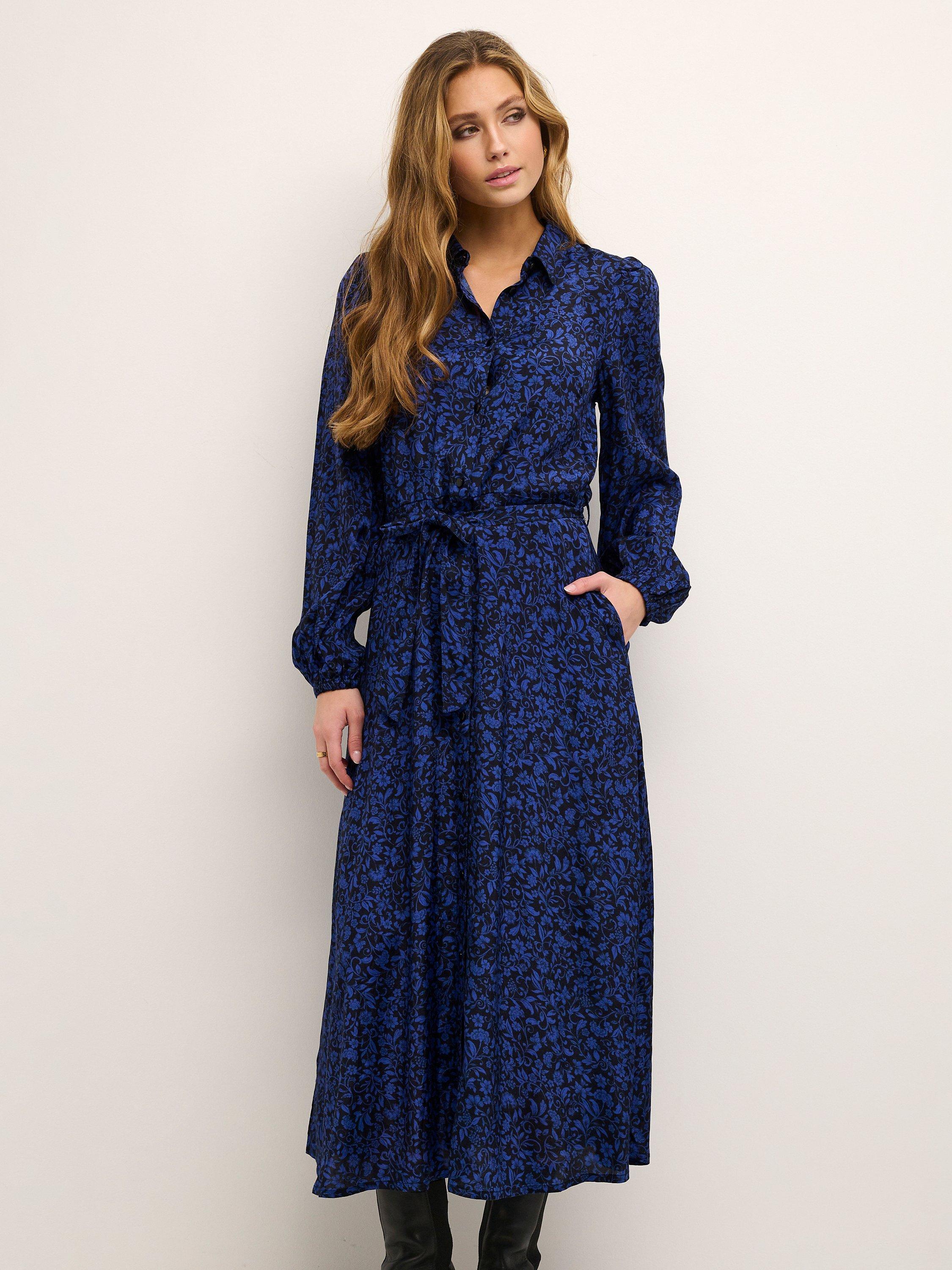 KAFFE Mira Midi Floral Shirt Dress, Black/Blue
