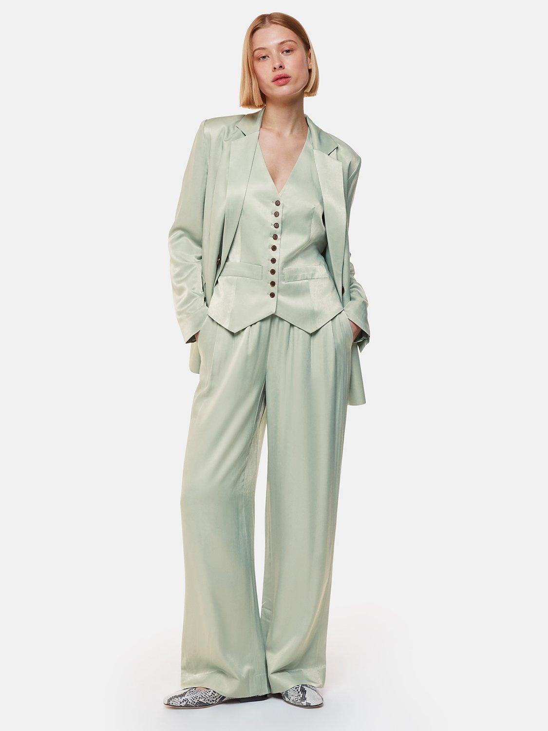 Product image 1 of 5, which shows Whistles Rita Luxe Wide Leg Sateen Trousers, Sage Green, 6