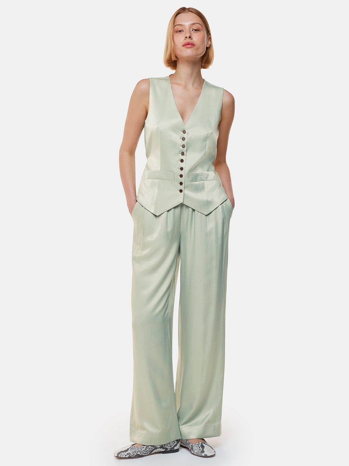 Product image 3 of 5, which shows Whistles Rita Luxe Wide Leg Sateen Trousers, Sage Green, 6