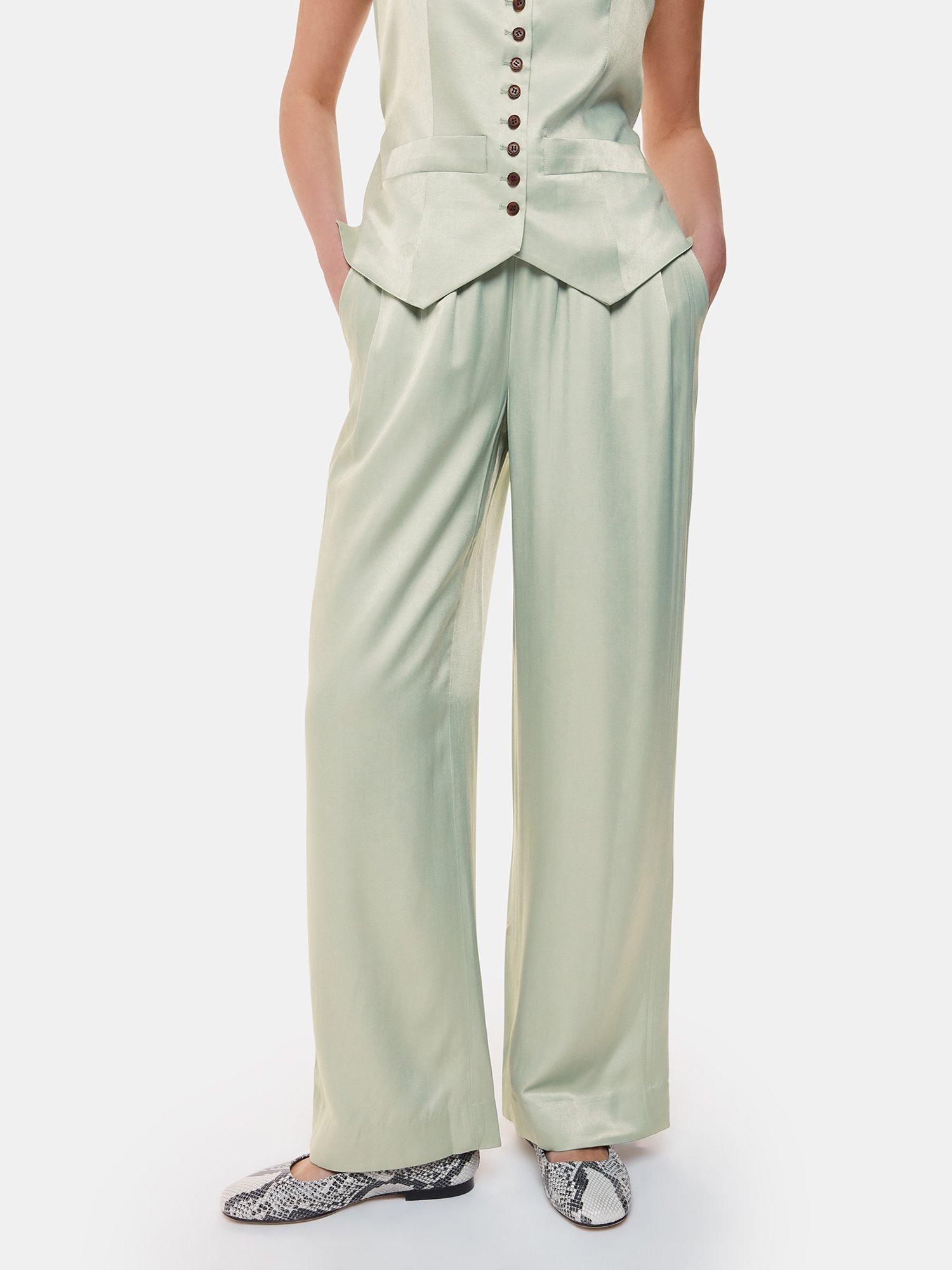 Product image 4 of 5, which shows Whistles Rita Luxe Wide Leg Sateen Trousers, Sage Green, 6