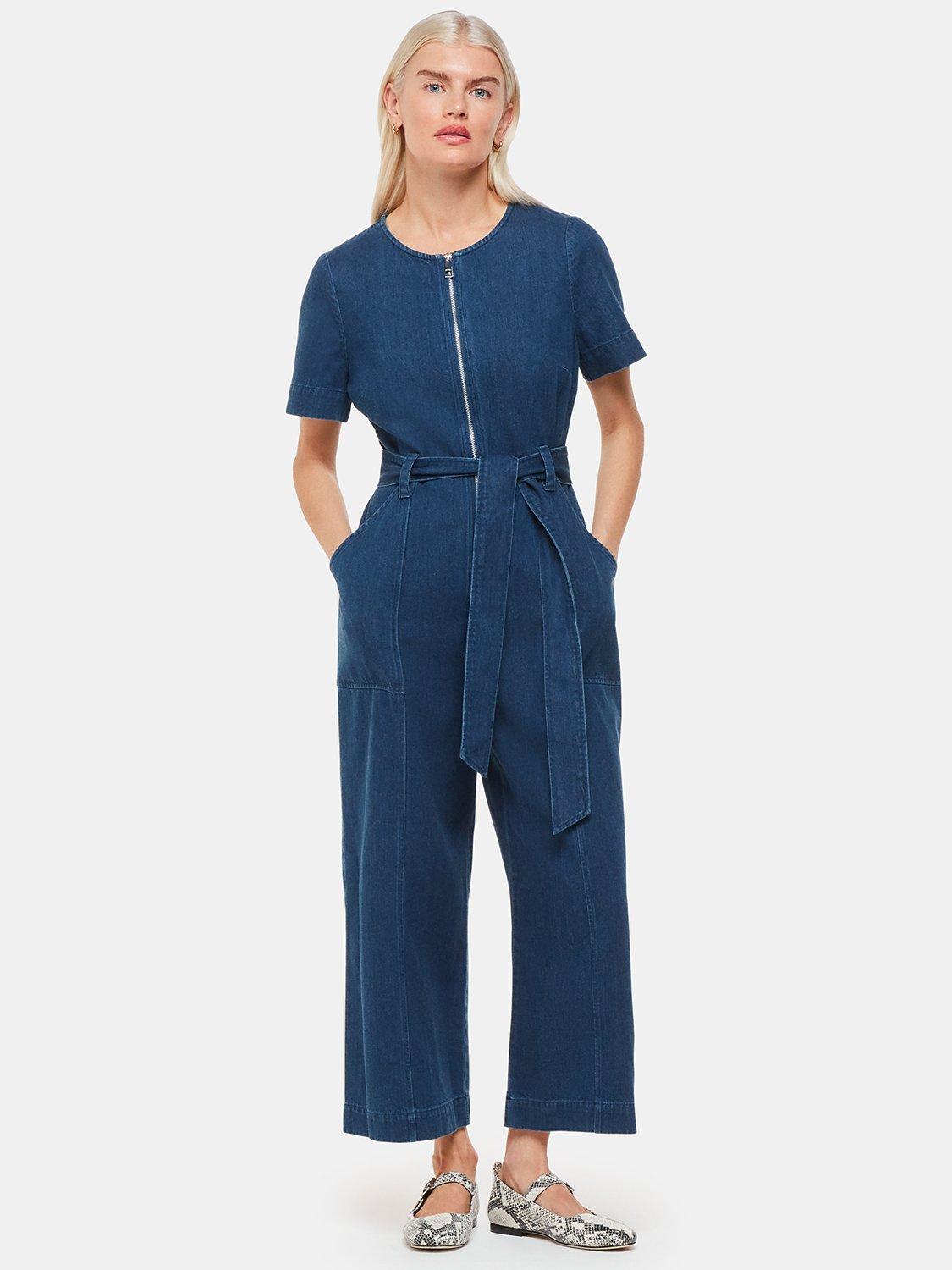 Whistles Petite Short Sleeve Denim Jumpsuit Blue