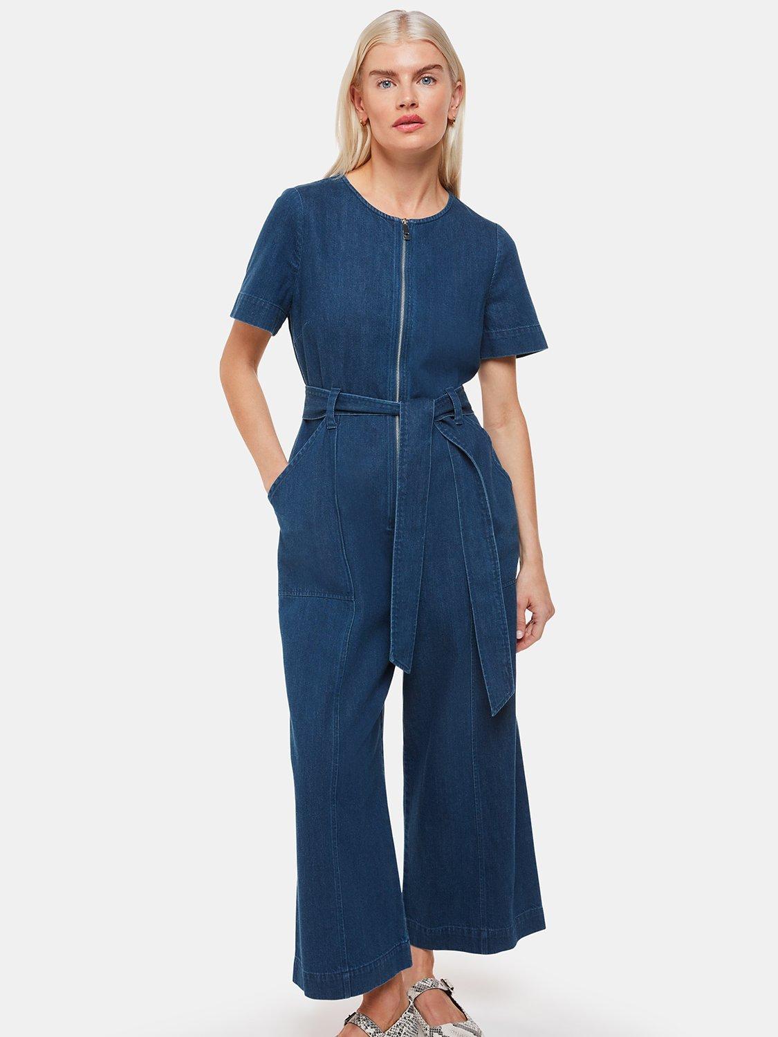 Product image 3 of 5, which shows Whistles Petite Short Sleeve Denim Jumpsuit, Blue, 20
