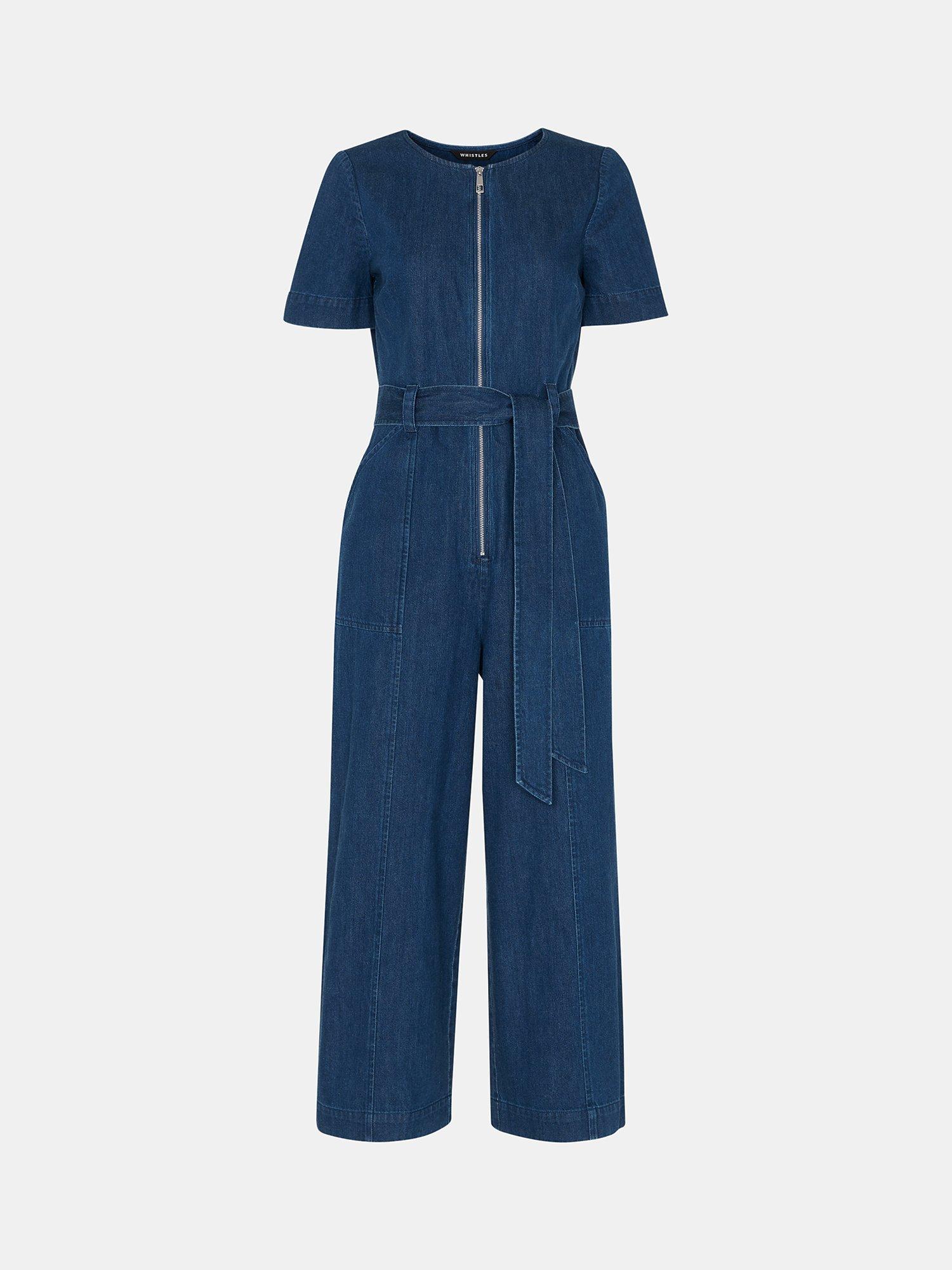 Product image 5 of 5, which shows Whistles Petite Short Sleeve Denim Jumpsuit, Blue, 20
