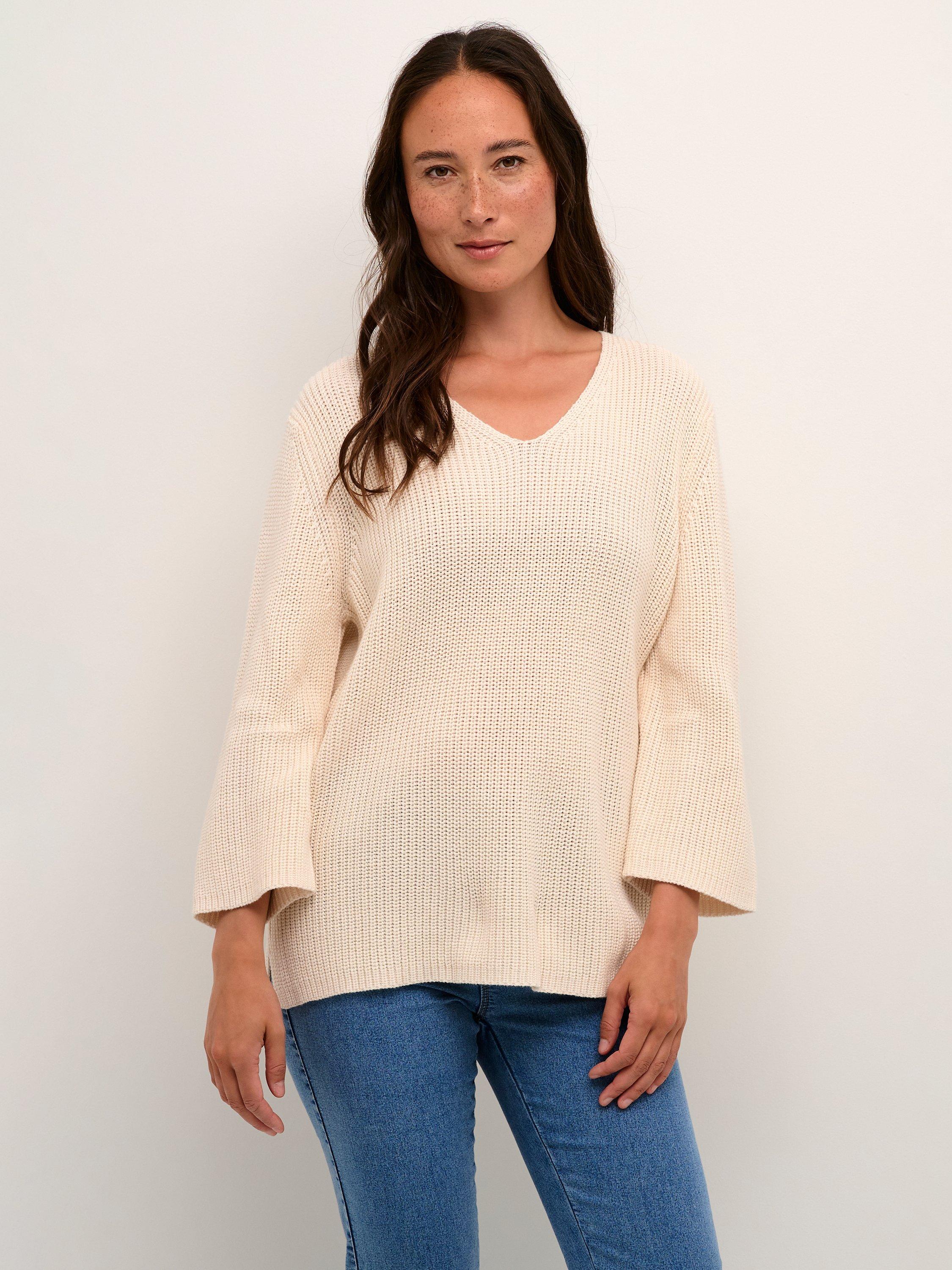Product image 1 of 5, which shows KAFFE Merian V-Neck Cropped Sleeve Knitted Top, Turtledove, XS