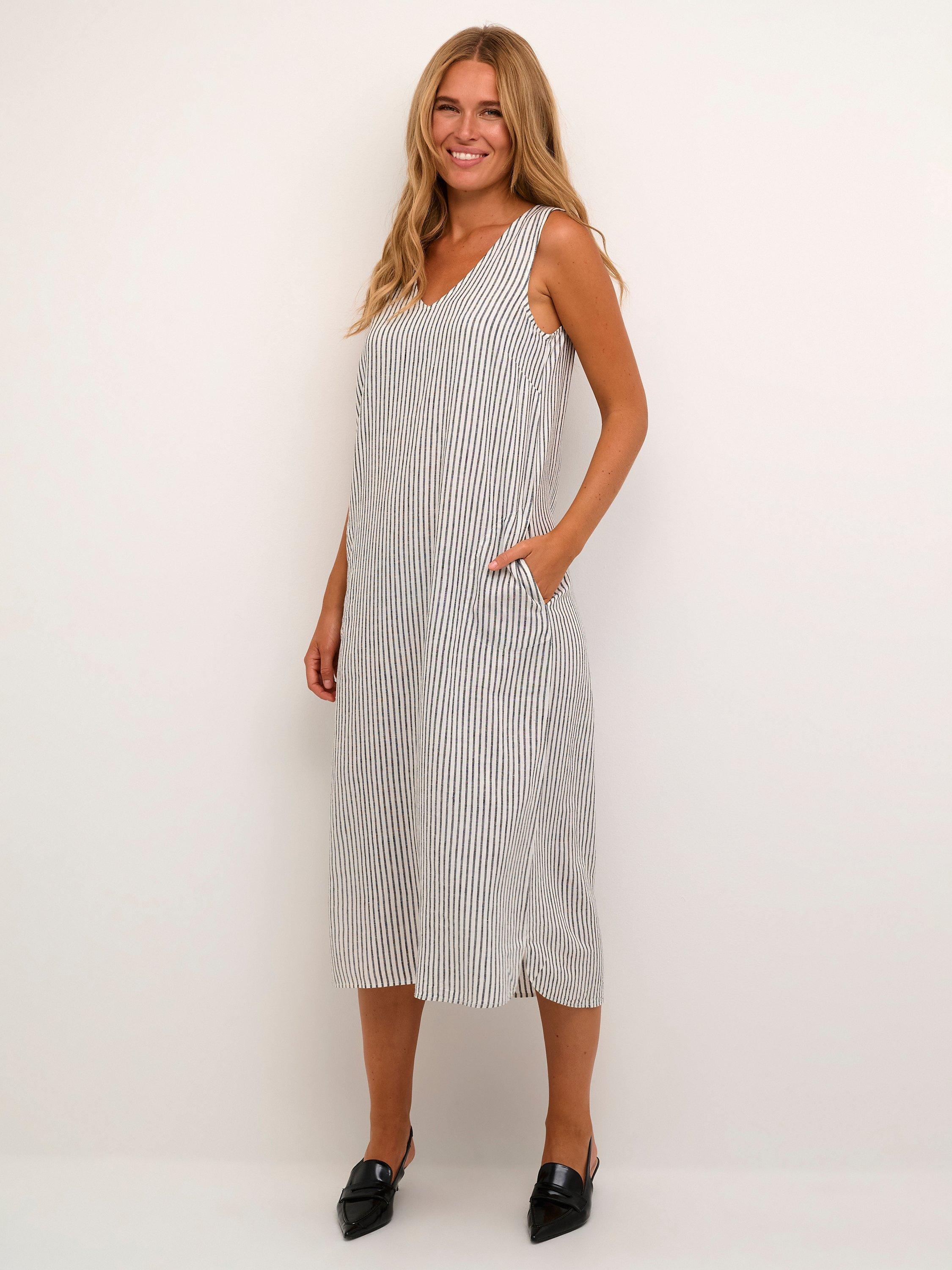 KAFFE Milia Stripe Linen Blend Sleeveless Midi Dress, Chalk/Black