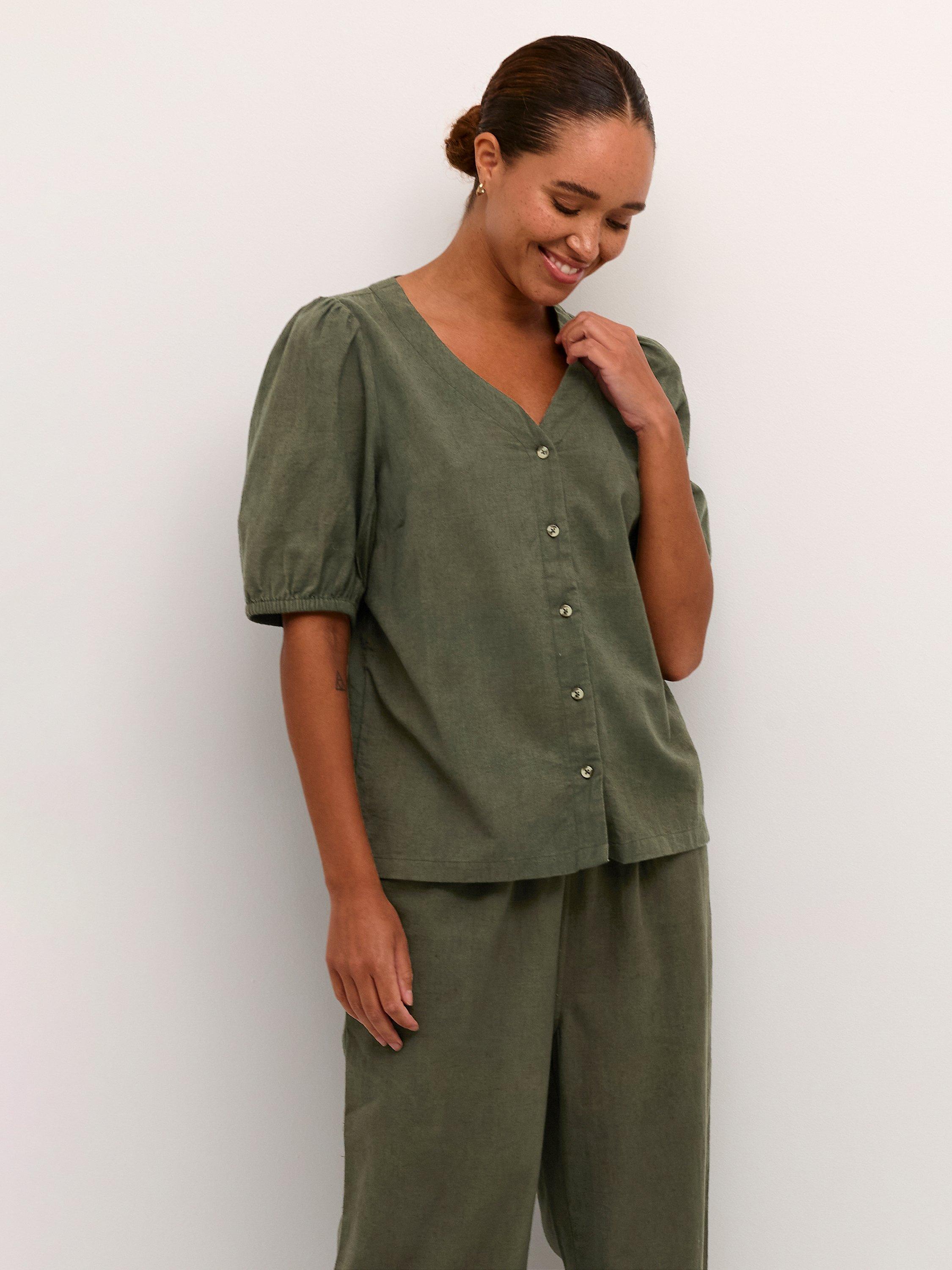 KAFFE Vigga V-Neck Half Sleeve Blouse, Forest Night