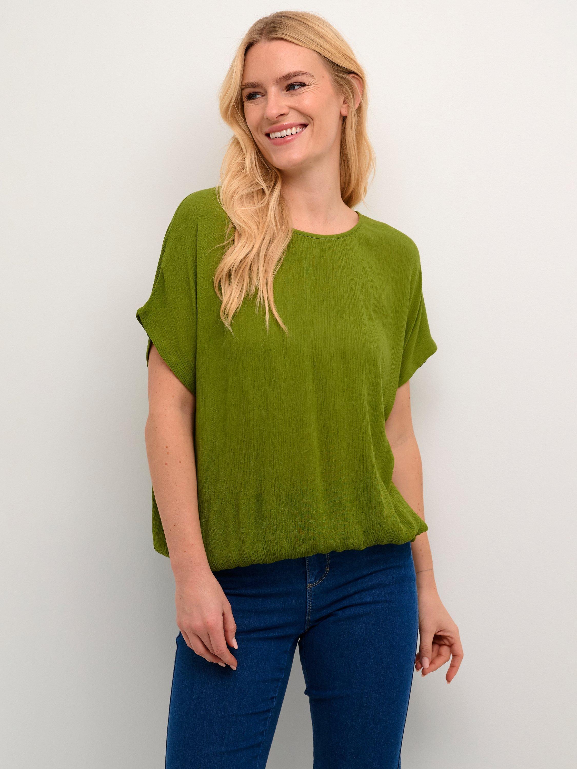 KAFFE Amber Round Neck Short Sleeve Blouse, Calla Green