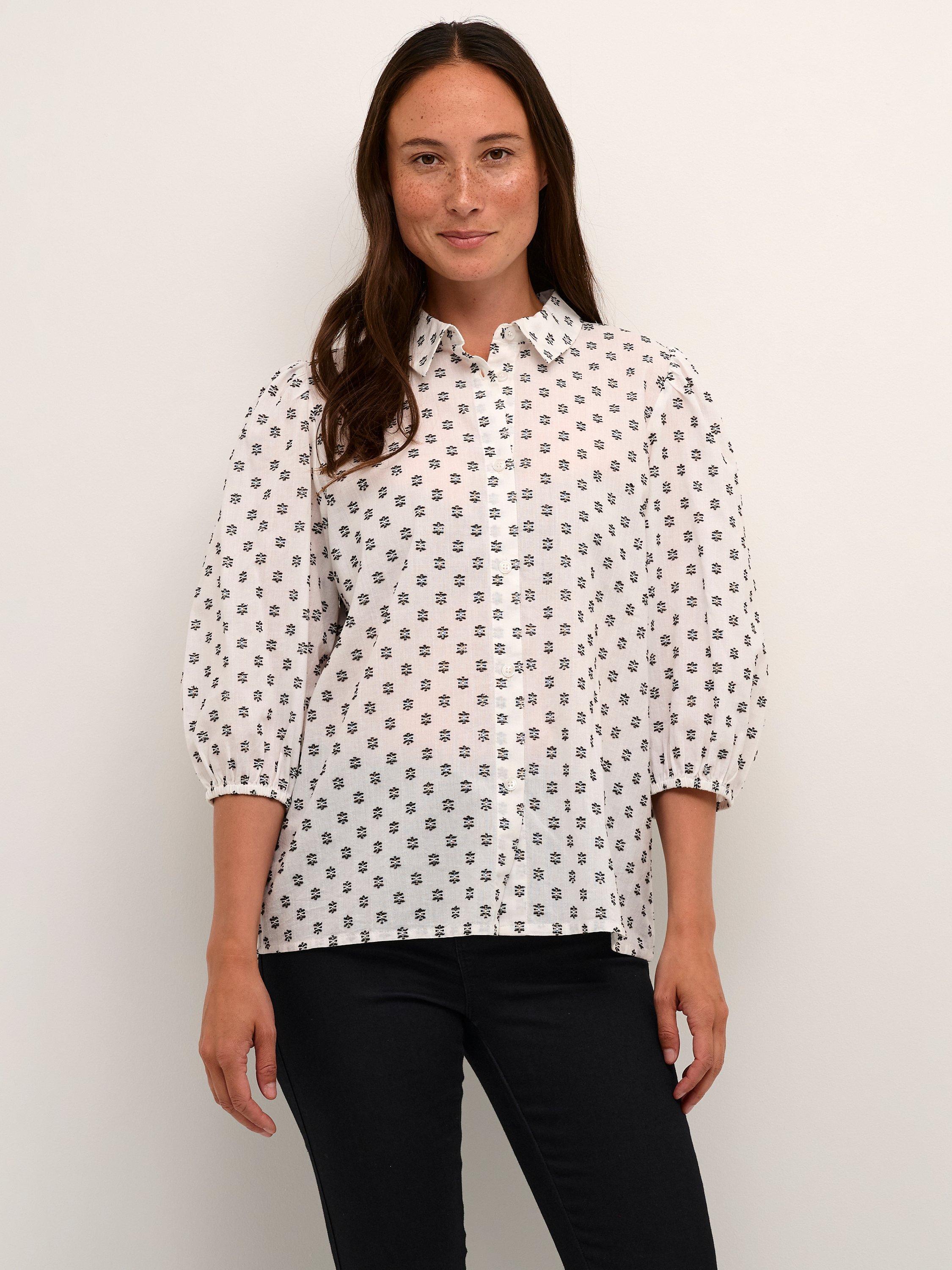 KAFFE Janni 3/4 Puff Sleeve Embroidery Shirt, Chalk/Blue Dobby, 8