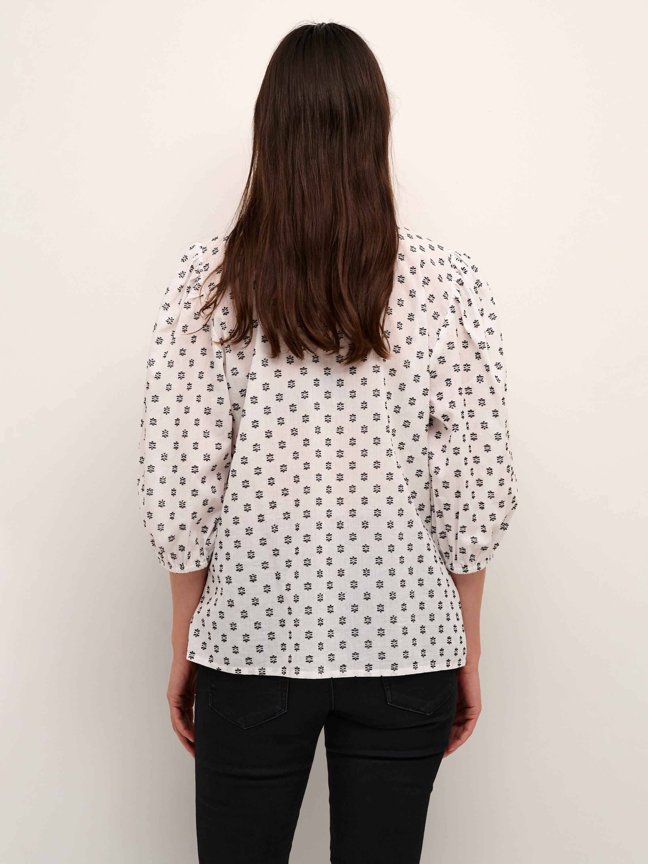 KAFFE Janni 3/4 Puff Sleeve Embroidery Shirt, Chalk/Blue Dobby, 8
