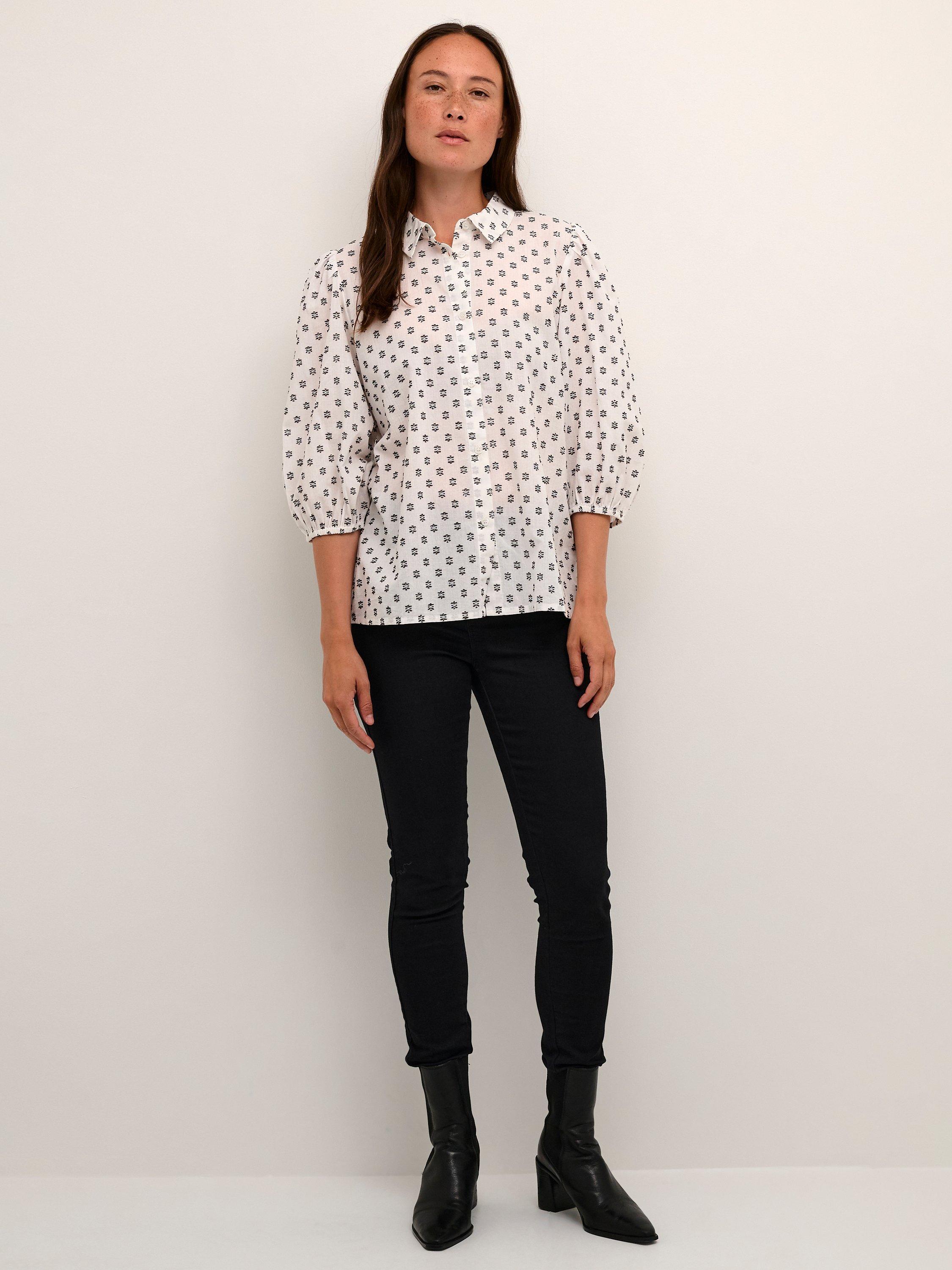 KAFFE Janni 3/4 Puff Sleeve Embroidery Shirt, Chalk/Blue Dobby, 8
