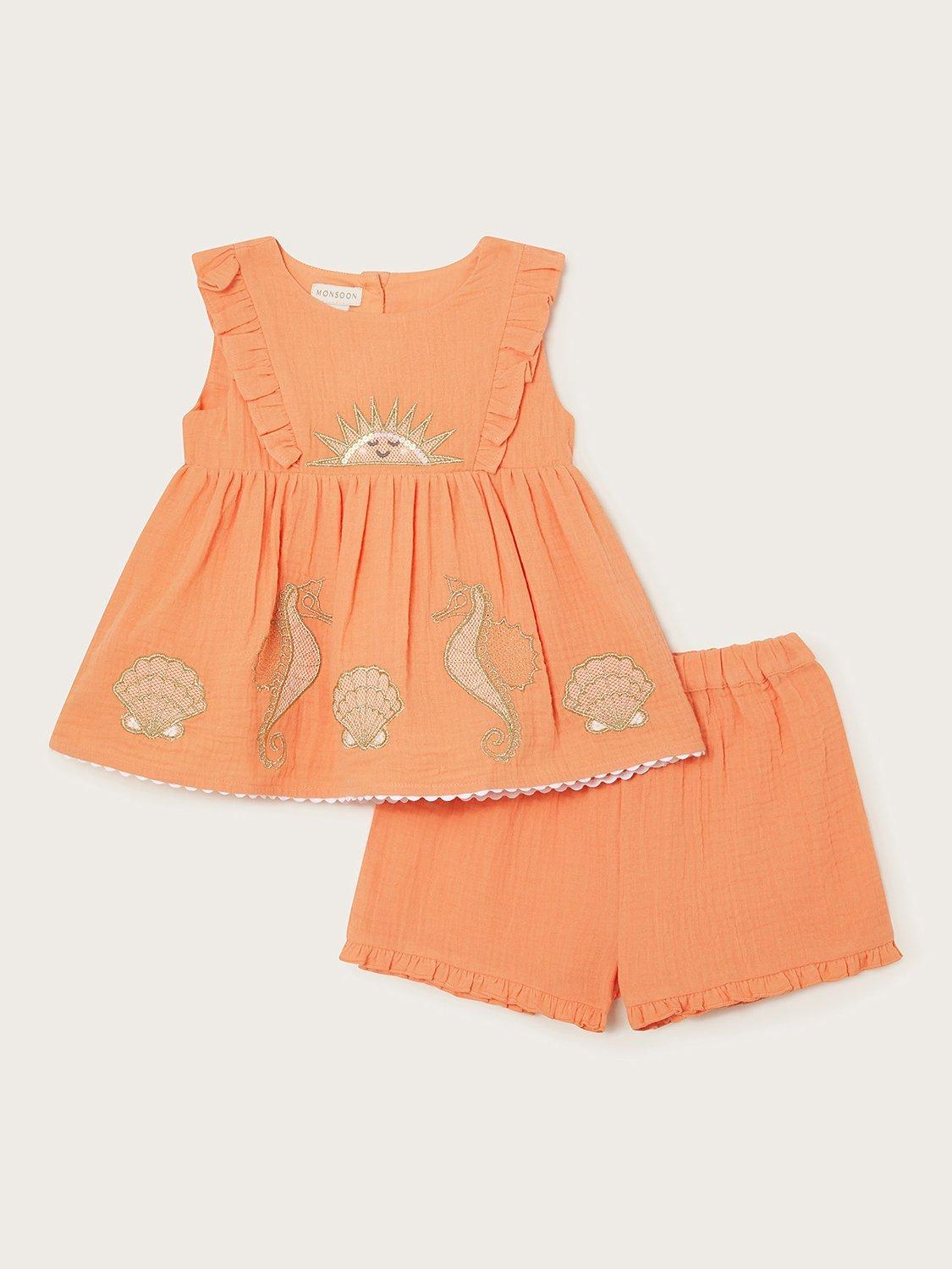 Monsoon Baby Sealife Embroidered Frill Top & Shorts Set, Coral