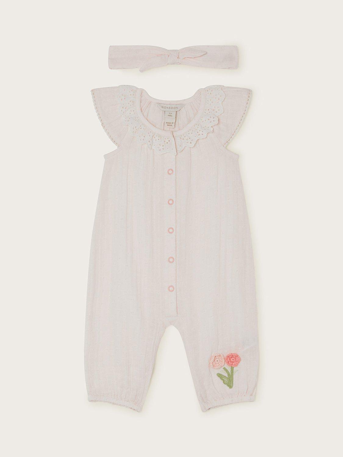 Product image 1 of 3, which shows Monsoon Baby Dobby Crochet Flower Lace Collar Romper & Headband Set, Ivory, 12-18 months