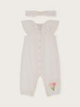 Monsoon Baby Dobby Crochet Flower Lace Collar Romper & Headband Set, Ivory