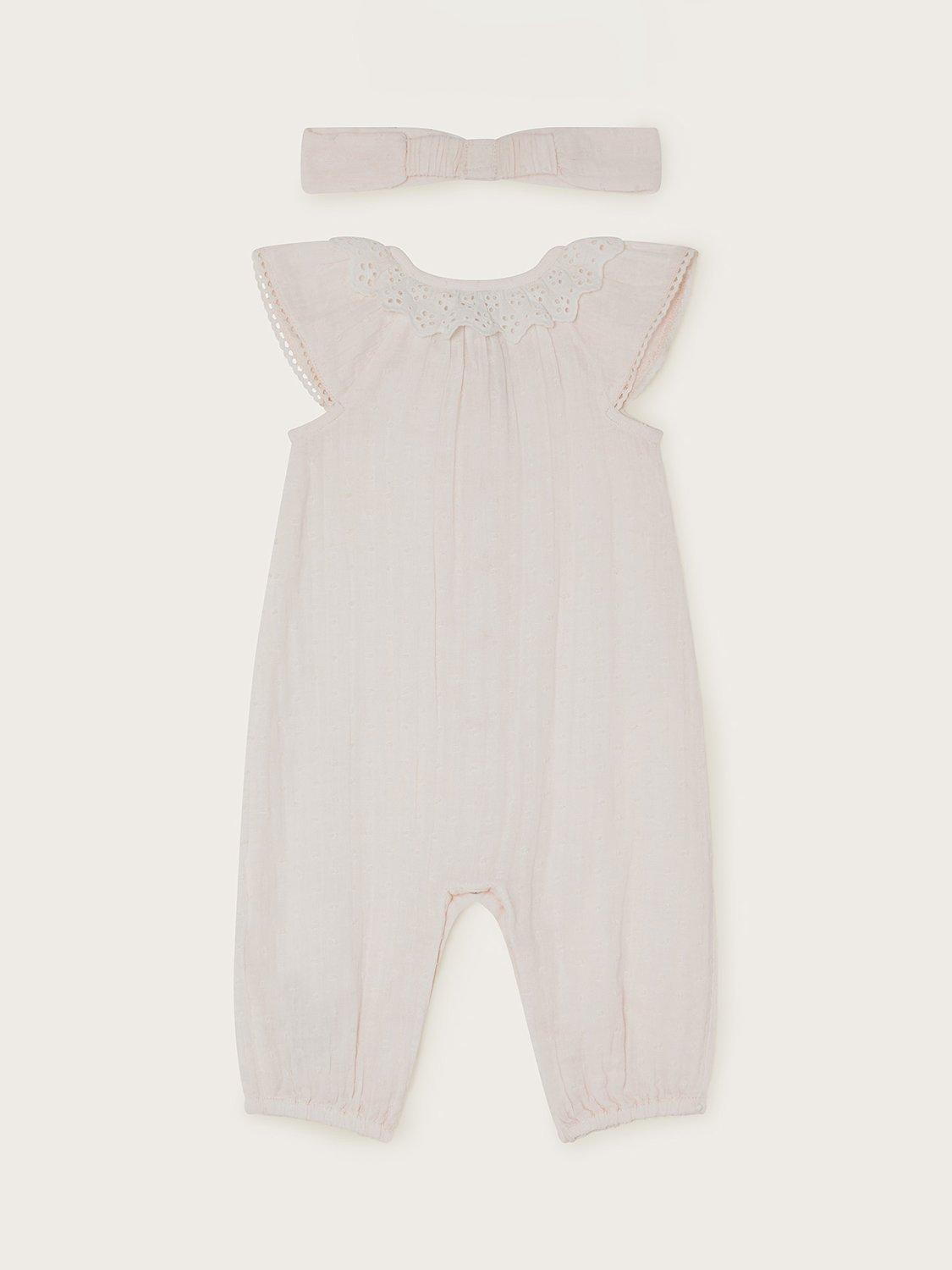 Product image 2 of 3, which shows Monsoon Baby Dobby Crochet Flower Lace Collar Romper & Headband Set, Ivory, 12-18 months