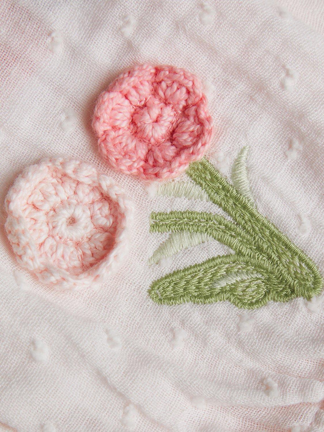 Product image 3 of 3, which shows Monsoon Baby Dobby Crochet Flower Lace Collar Romper & Headband Set, Ivory, 12-18 months