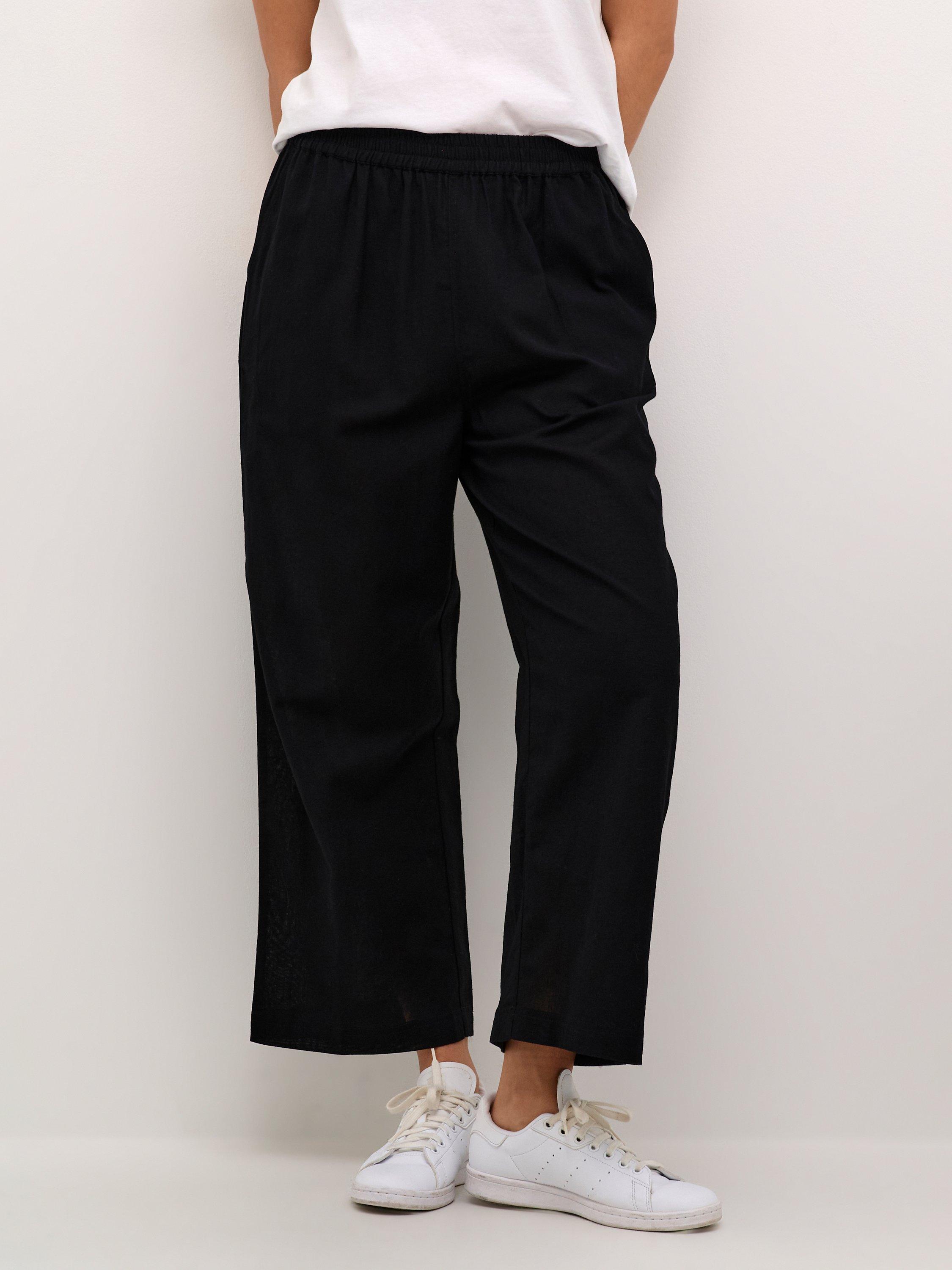Product image 1 of 5, which shows KAFFE Vigga Cotton Linen Blend Wide Leg Trousers, Deep Black, 10