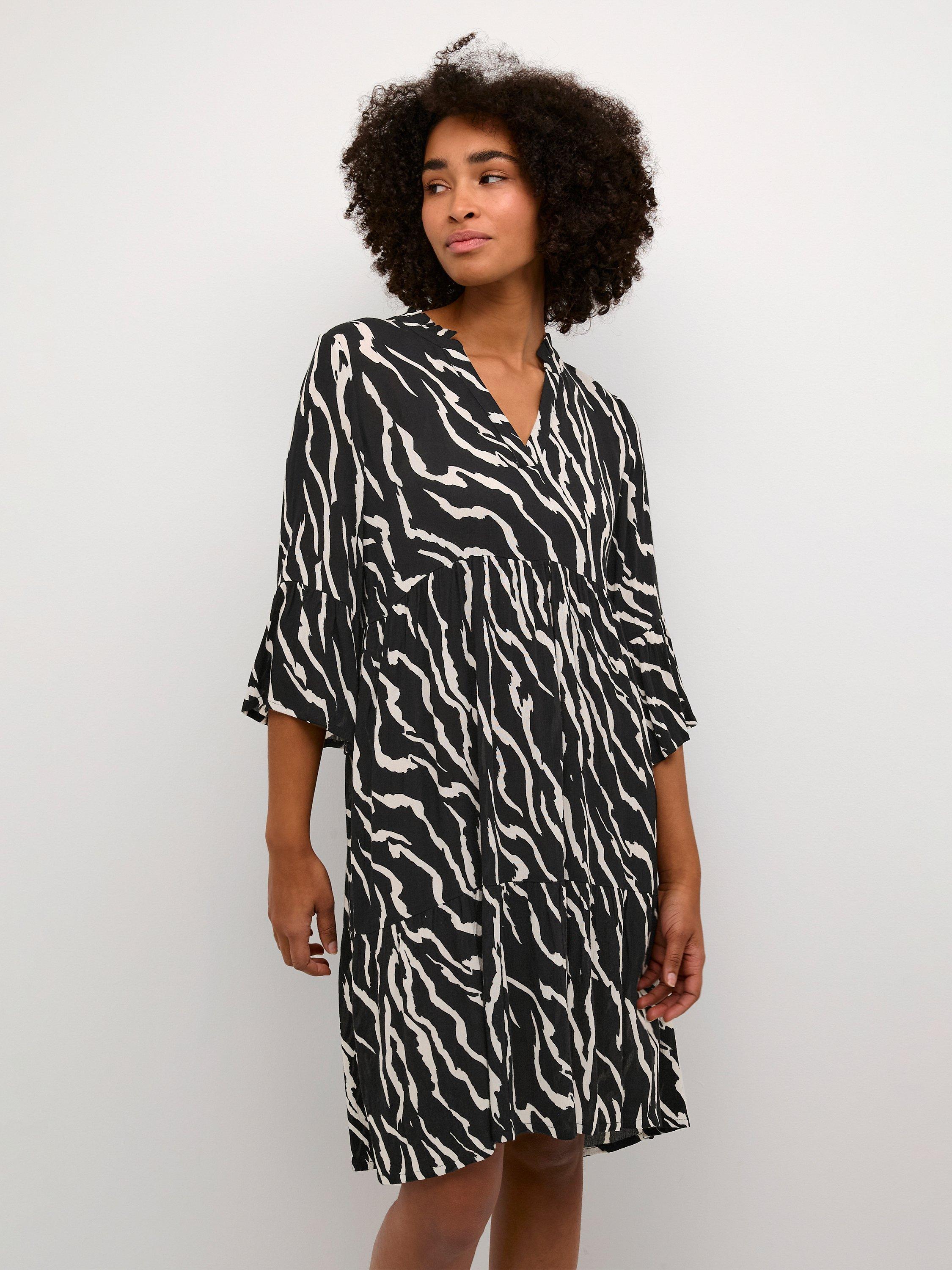 KAFFE Hera Ecovero V-Neck Knee Length Dress, Antique Zebra
