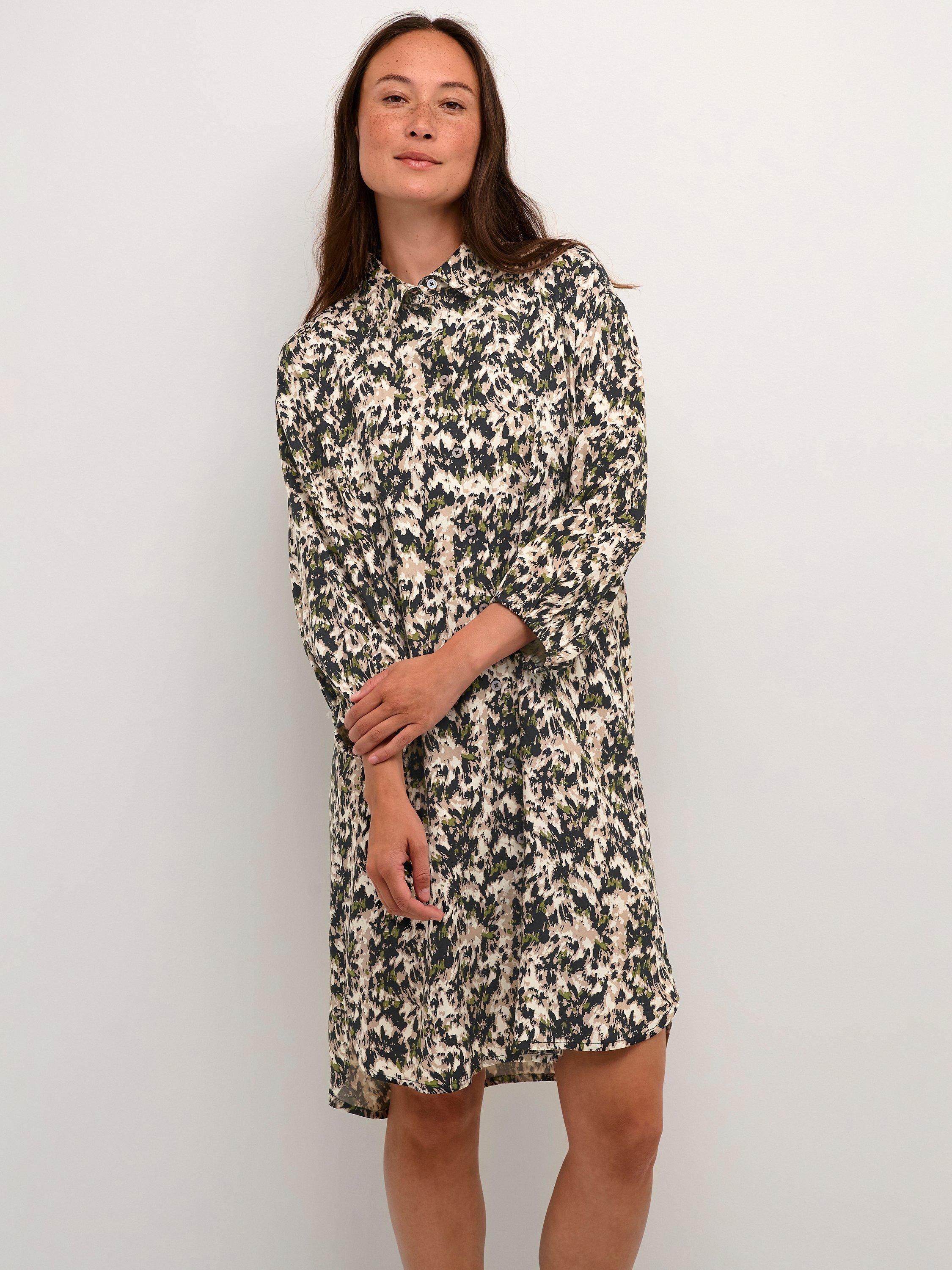 KAFFE Carmen Ecovero Knee Length Shirt Dress, Sand/Black/Green