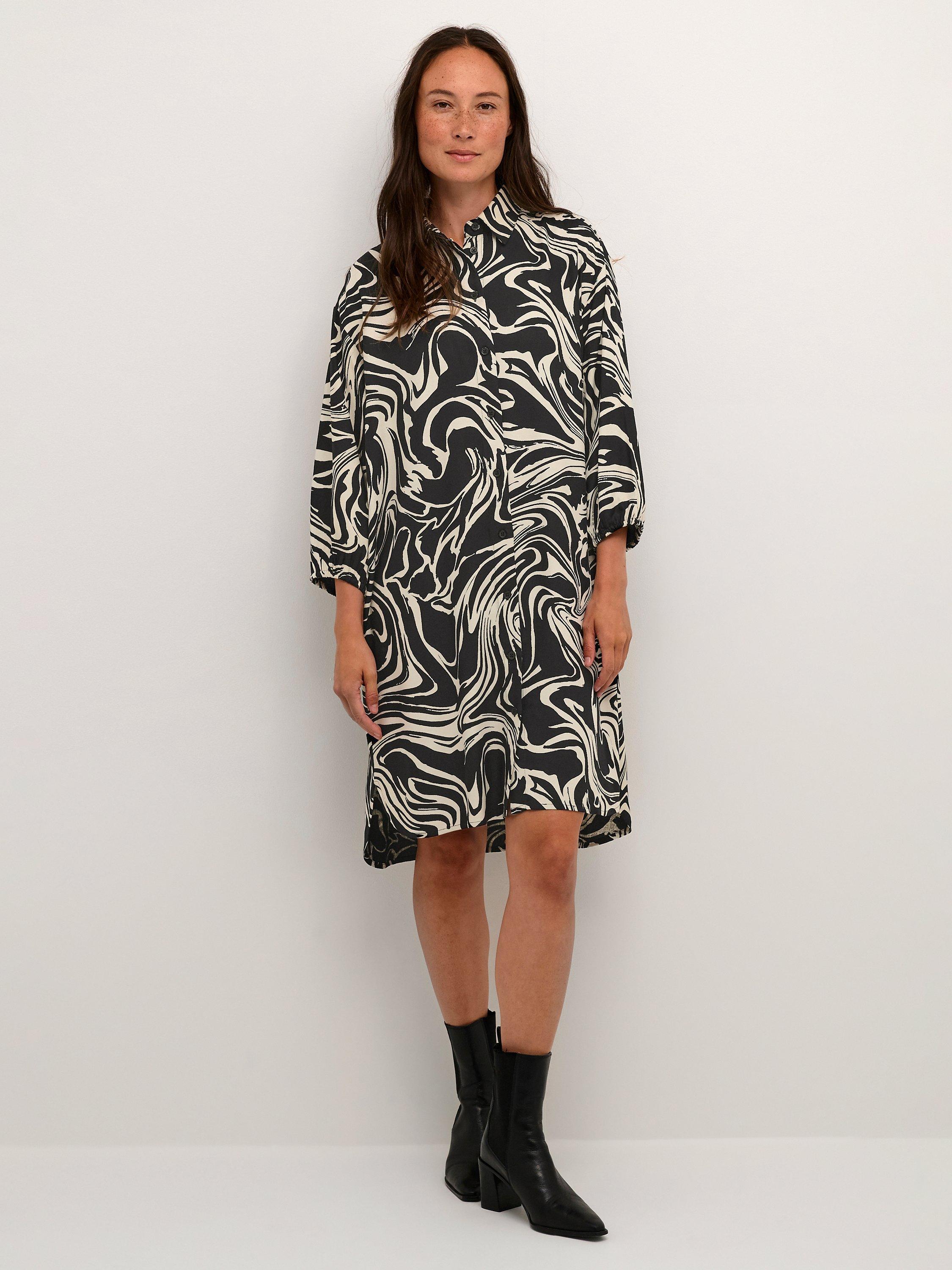 KAFFECarmen Abstract Print Knee Length Shirt Dress, Black/White, 8