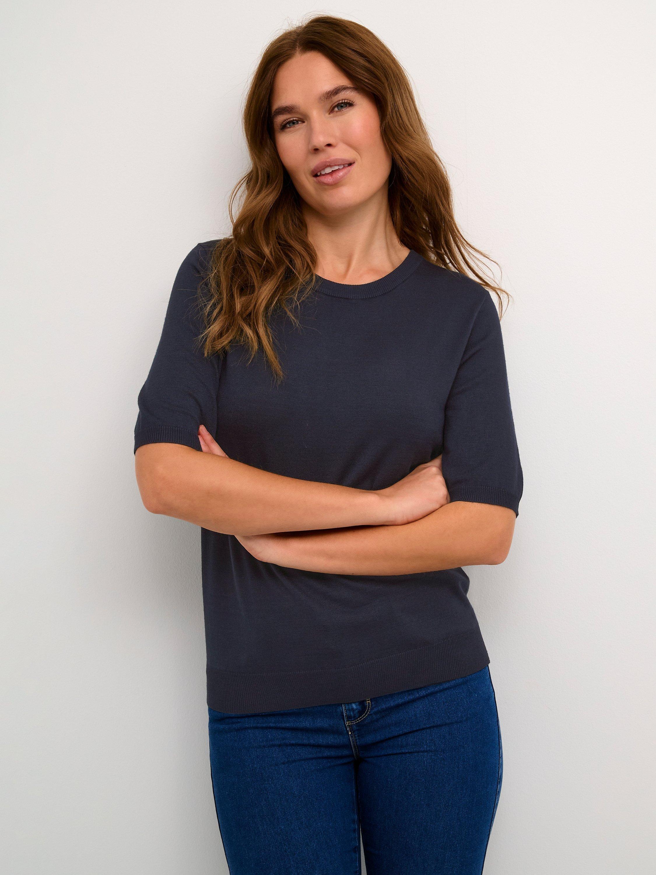 Product image 1 of 5, which shows KAFFE Lizza Fine Knit Half Sleeve Top, Midnight Marine, XS