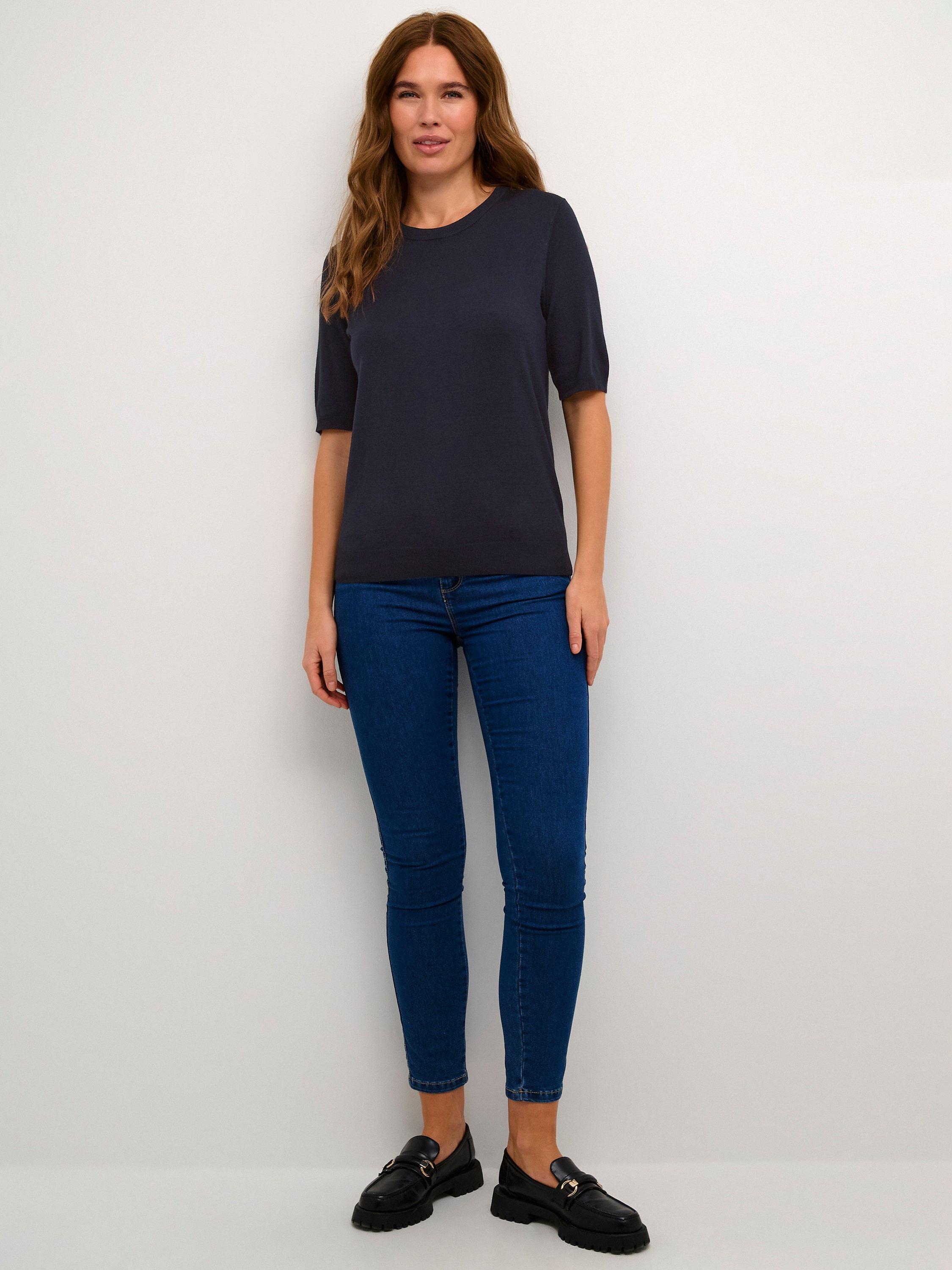 Product image 3 of 5, which shows KAFFE Lizza Fine Knit Half Sleeve Top, Midnight Marine, XS