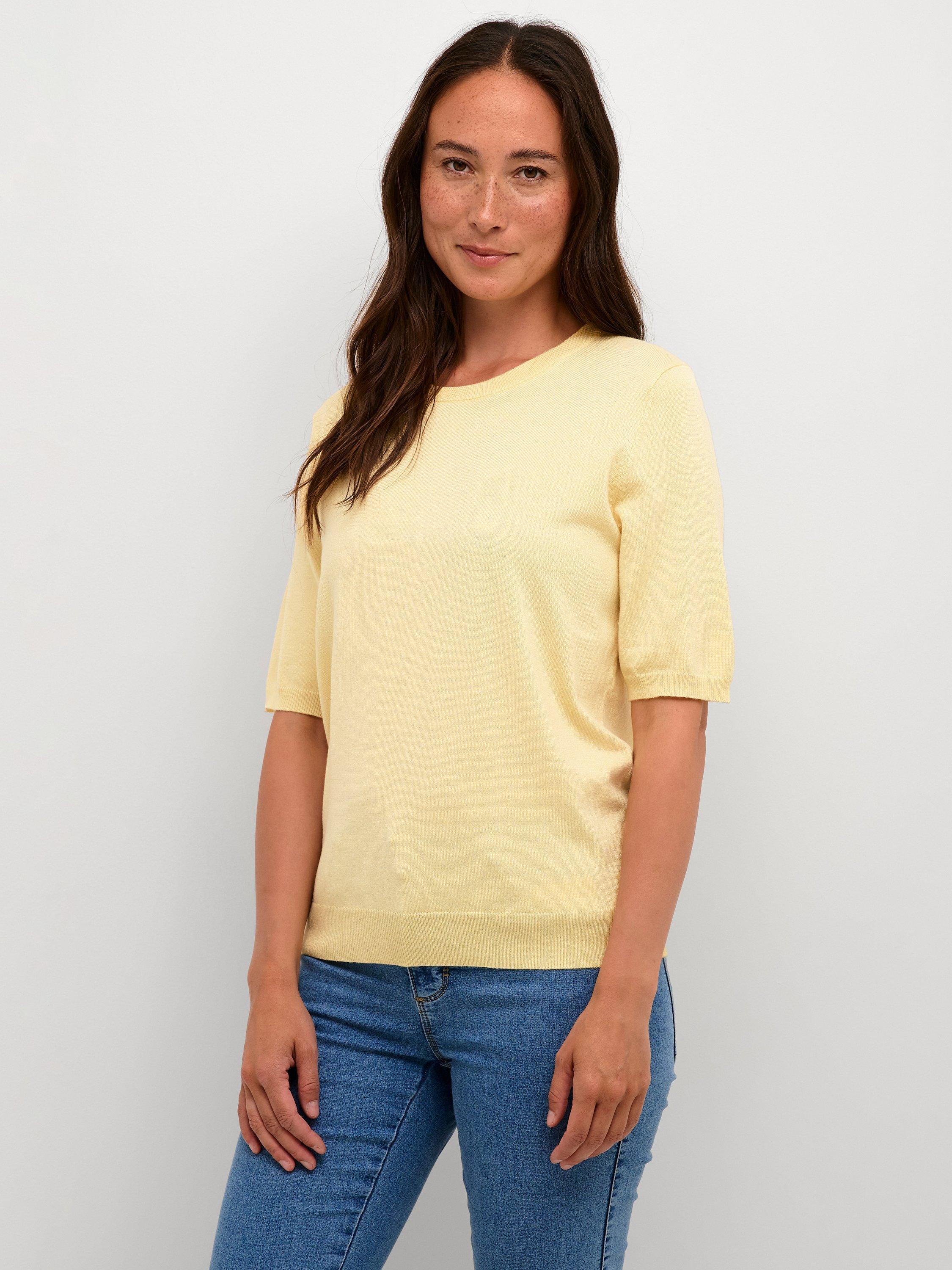 Product image 1 of 5, which shows KAFFE Lizza Fine Knit Half Sleeve Top, Mellow Yellow, XS