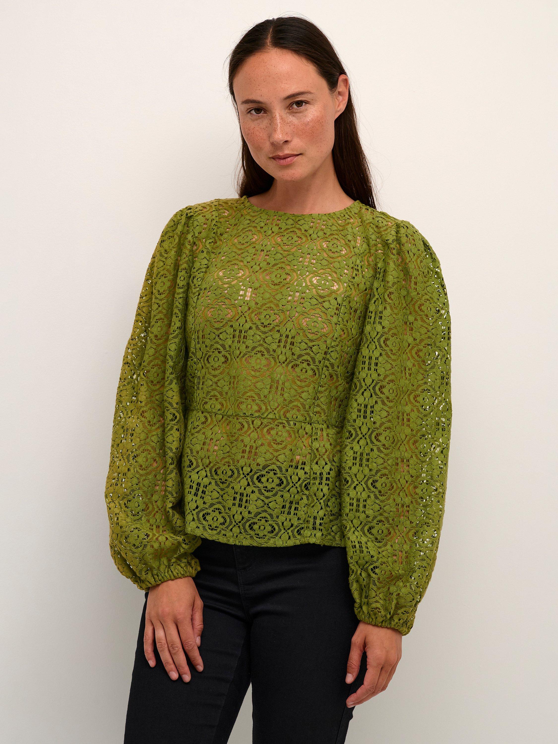 KAFFE Theodora Lace Balloon Sleeve Blouse, Calla Green