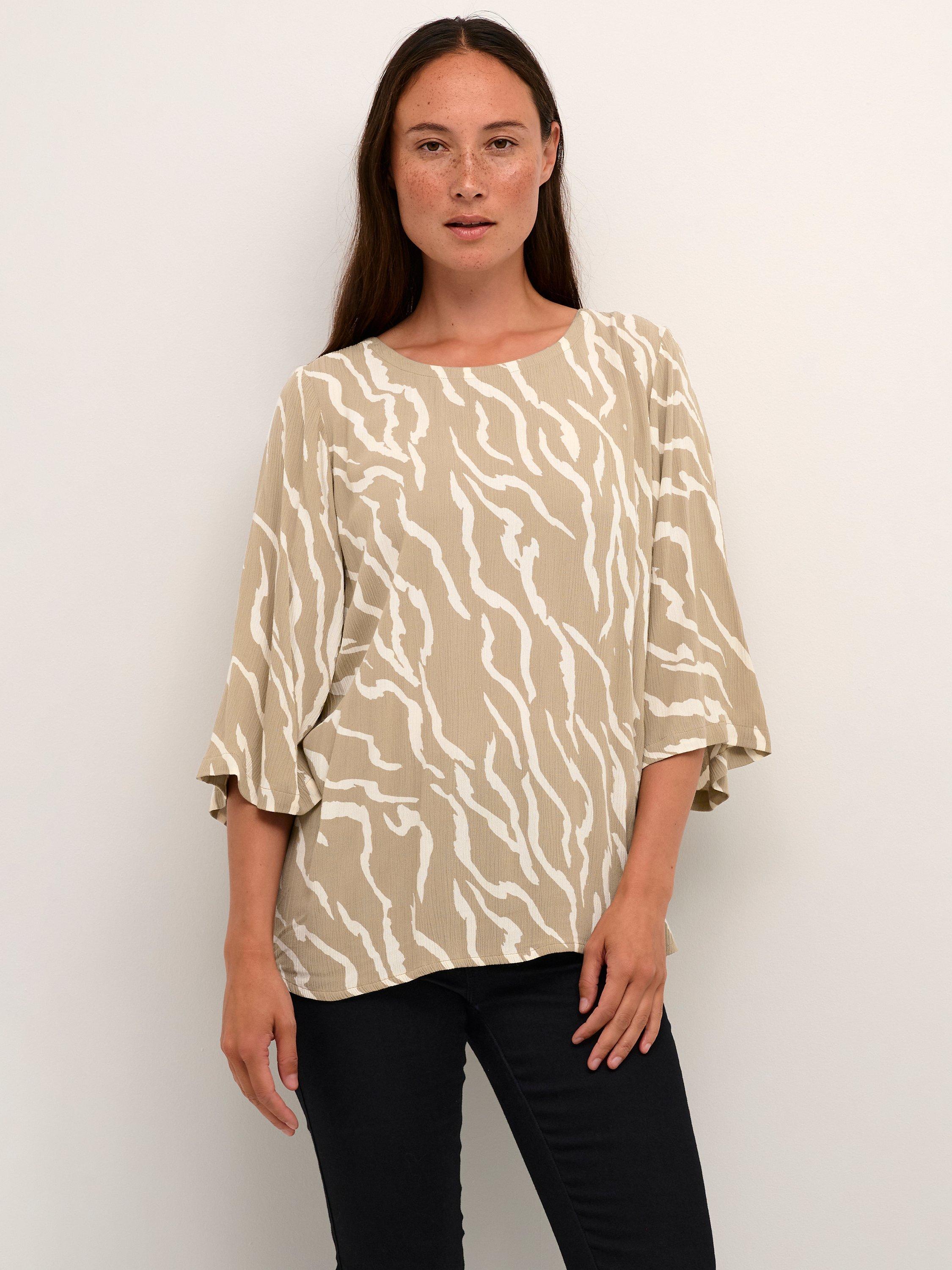 KAFFE Amber Ecovero 3/4 Sleeve Round Neck Blouse, Chinchilla/White, 8