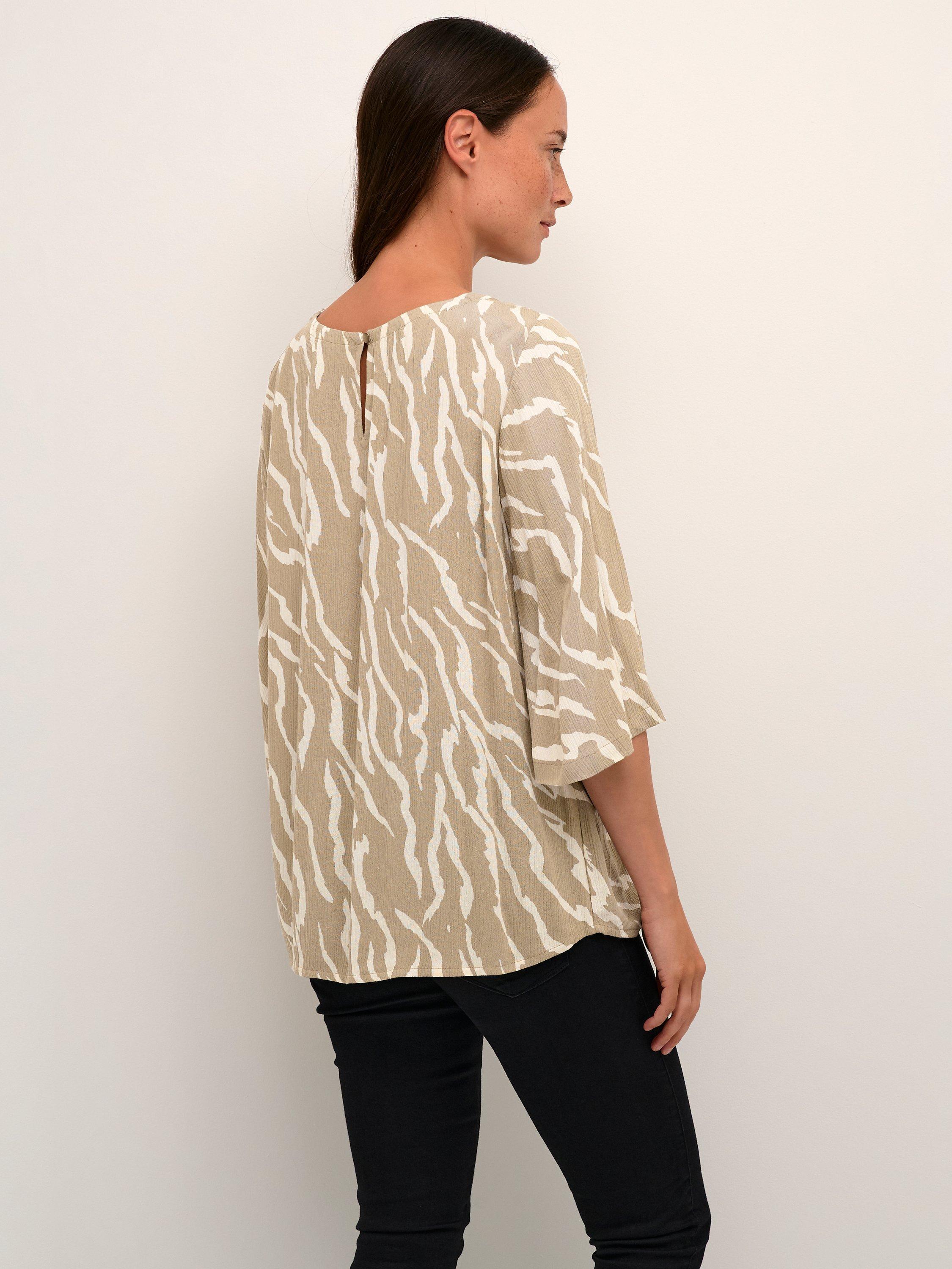 KAFFE Amber Ecovero 3/4 Sleeve Round Neck Blouse, Chinchilla/White, 8