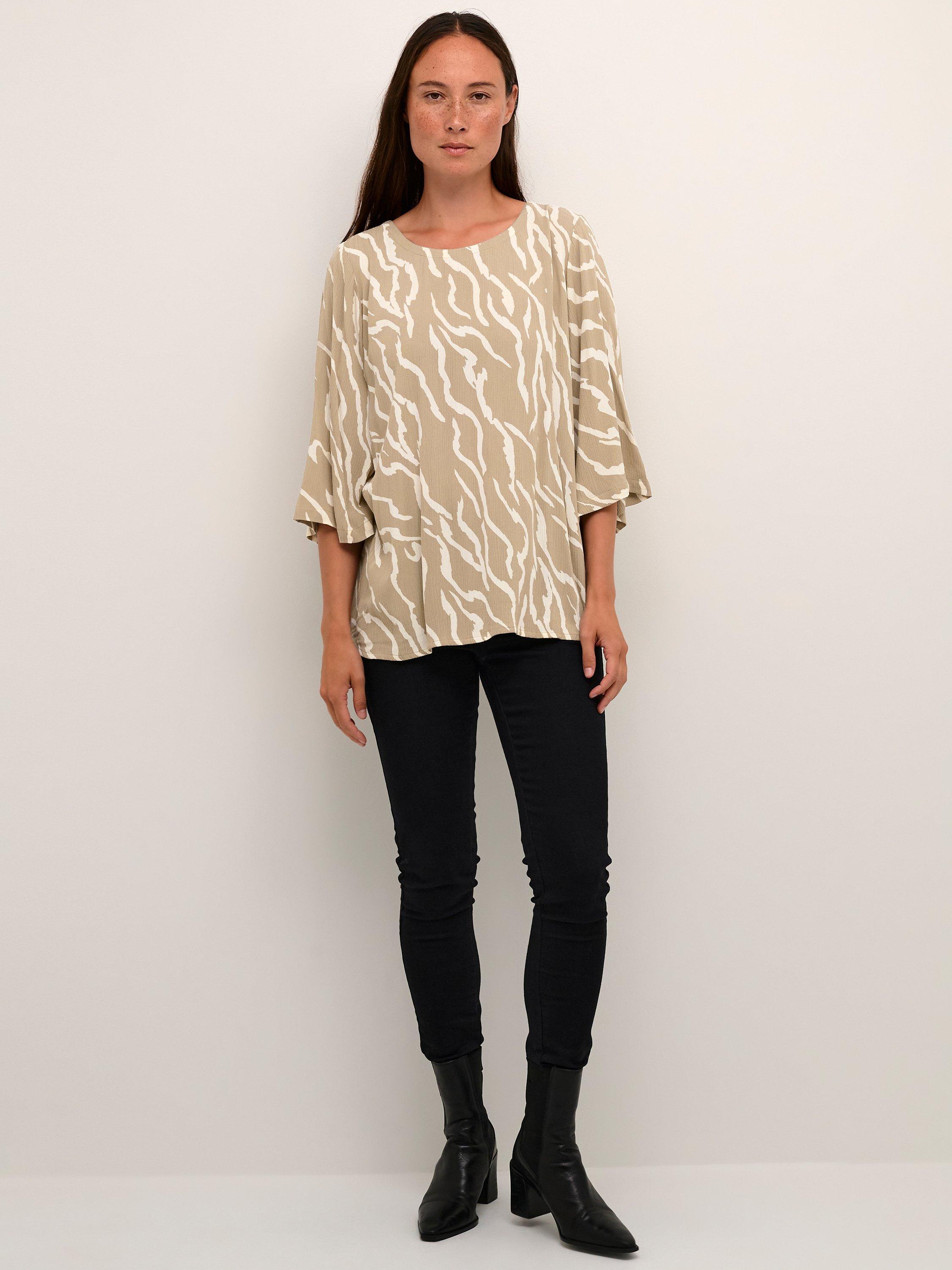 KAFFE Amber Ecovero 3/4 Sleeve Round Neck Blouse, Chinchilla/White, 8
