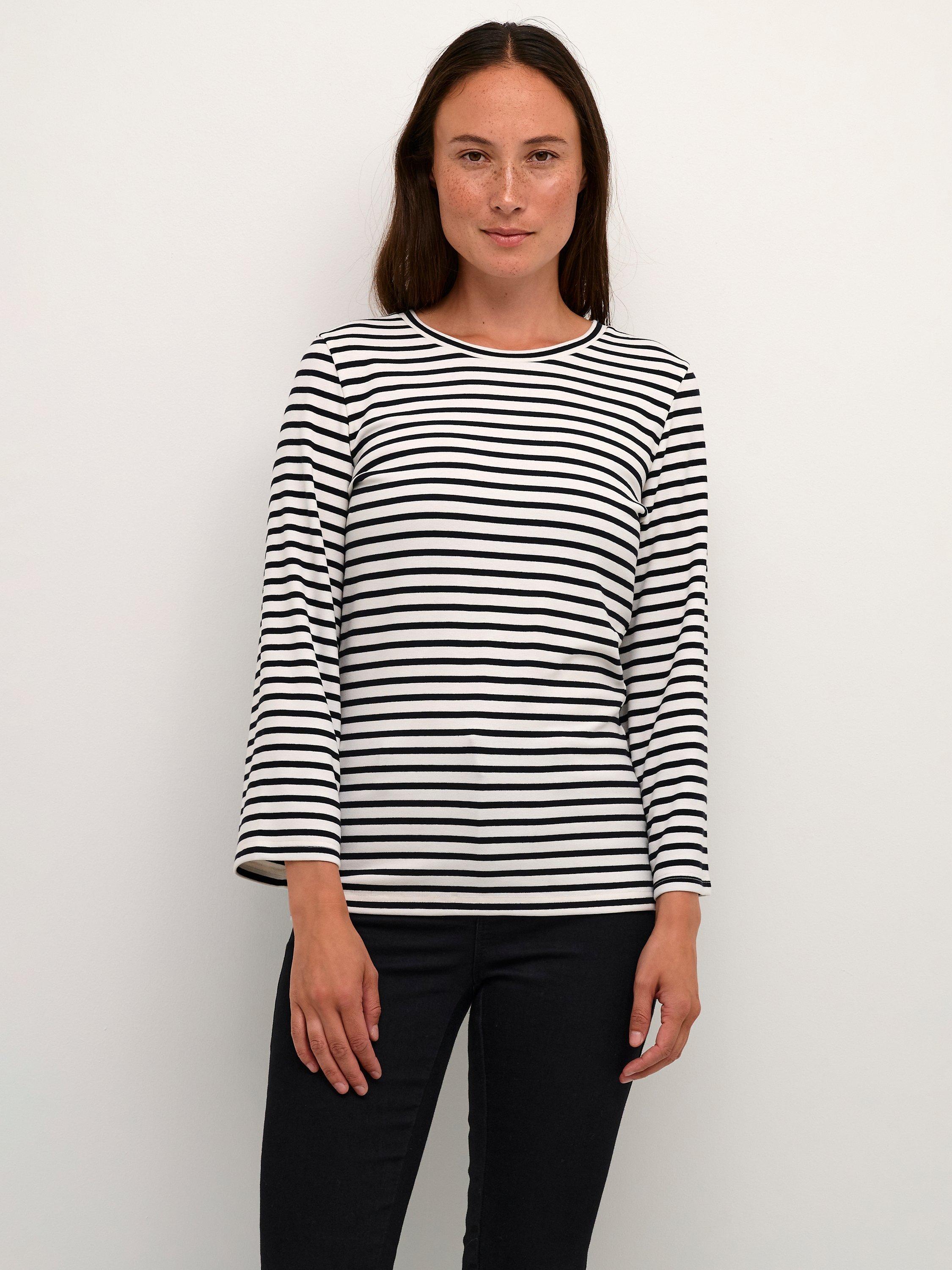 Product image 1 of 5, which shows KAFFE Liddy Jersey Cropped Sleeve Blouse, Chalk/Black Stripe, XS
