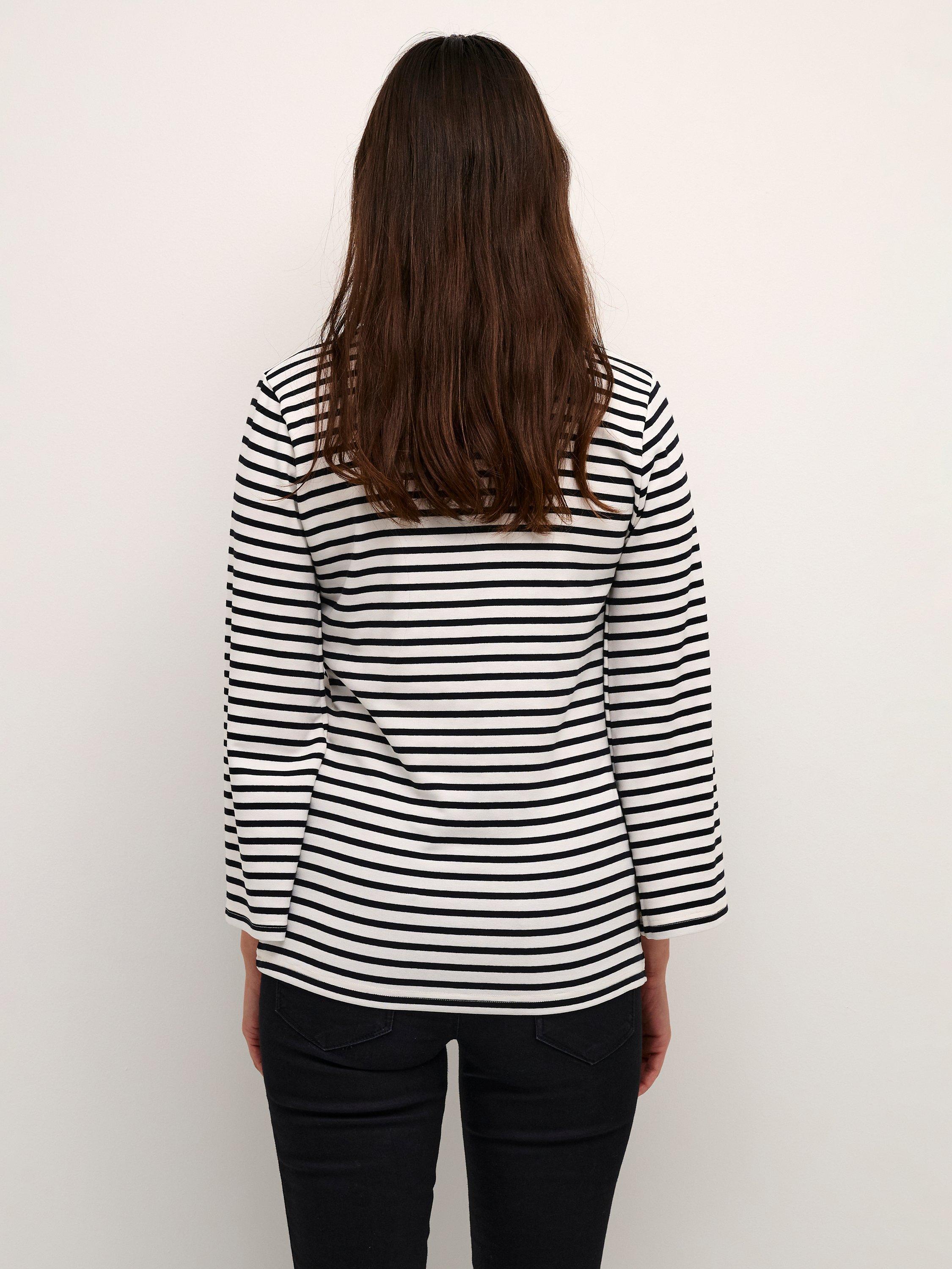 Product image 2 of 5, which shows KAFFE Liddy Jersey Cropped Sleeve Blouse, Chalk/Black Stripe, XS