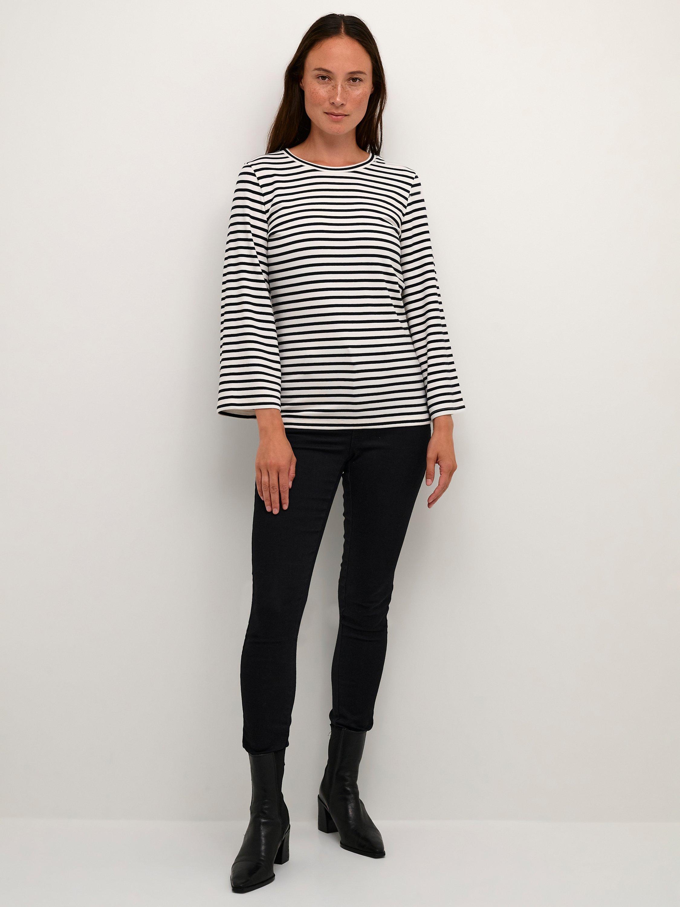Product image 3 of 5, which shows KAFFE Liddy Jersey Cropped Sleeve Blouse, Chalk/Black Stripe, XS