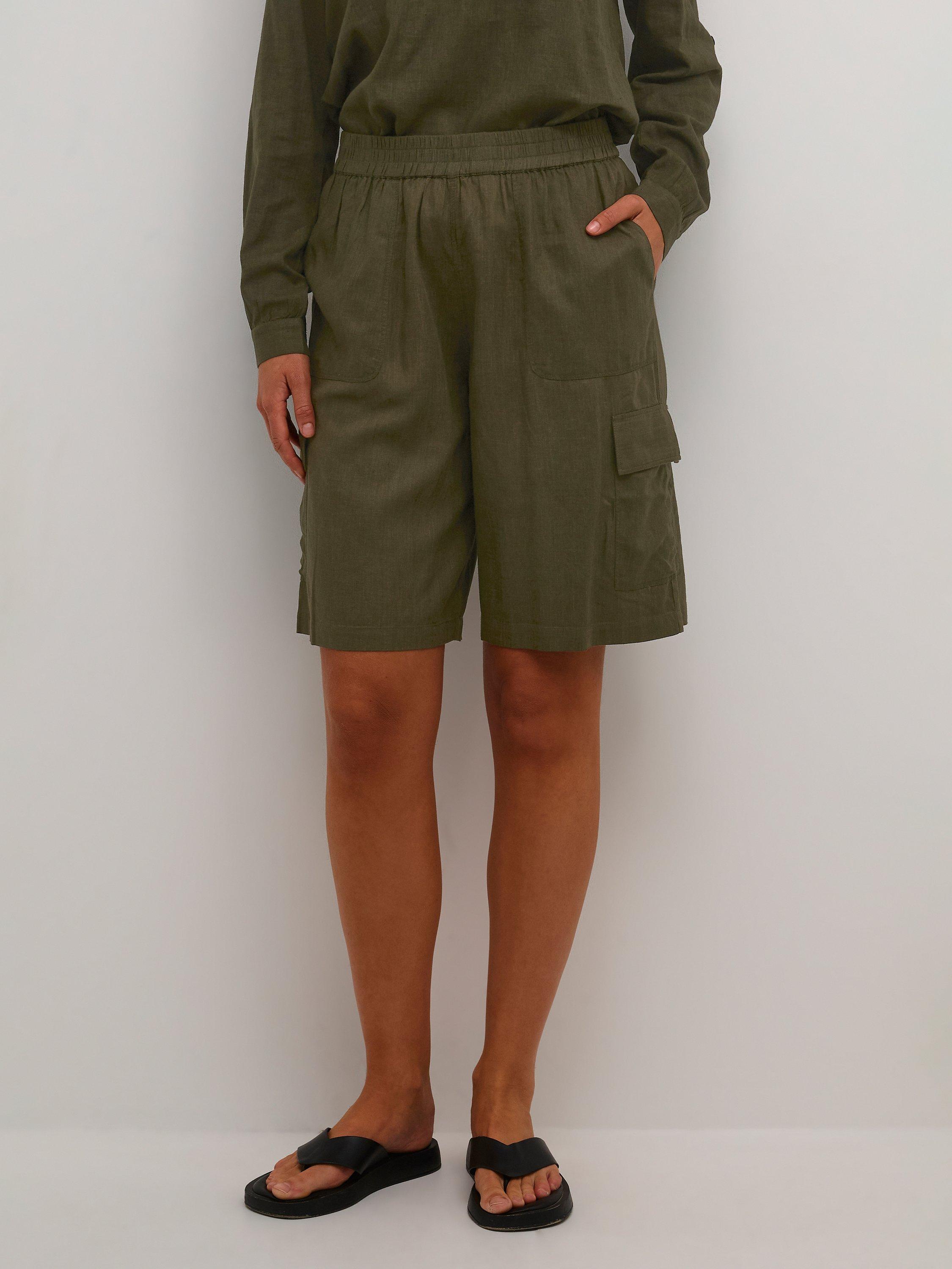 Product image 1 of 5, which shows KAFFE Milia Linen Blend Shorts, Forest Night, 8