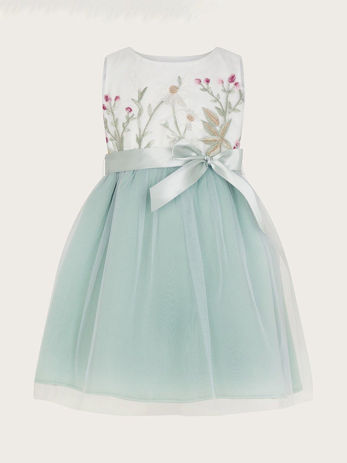 Monsoon Baby Maya Floral Embroidered Tulle Scuba Occasion Dress, Green