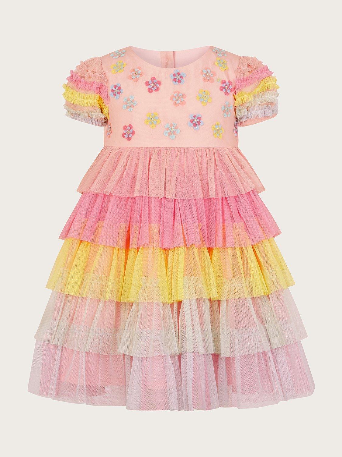 Monsoon Baby Floral Embroidered Colourblock Tulle Tiered Occasion Dress, Multi