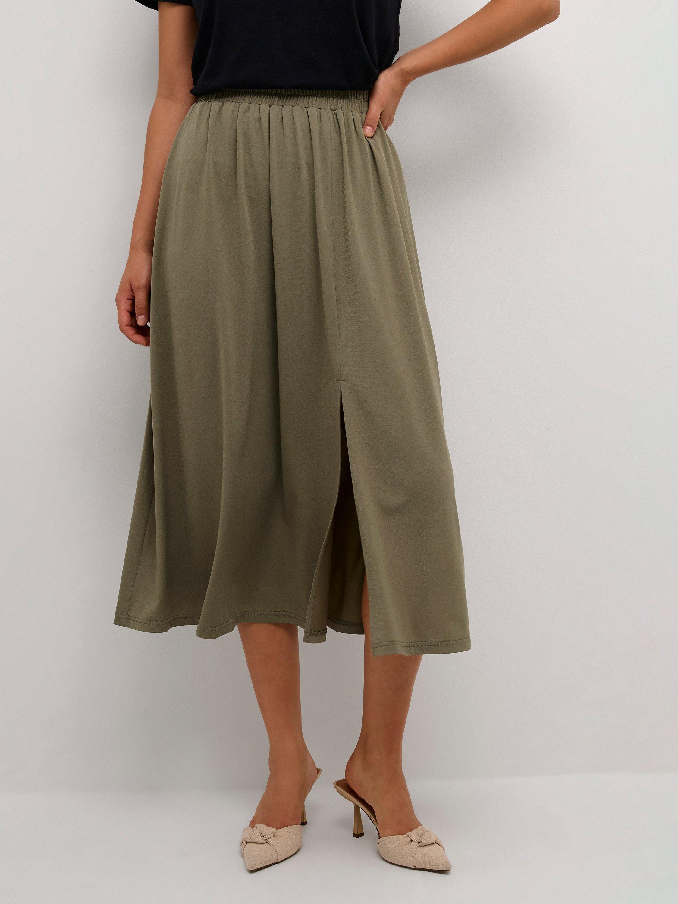 Product image 1 of 5, which shows KAFFE Mally Jersey Midi Skirt, Vetiver, XL