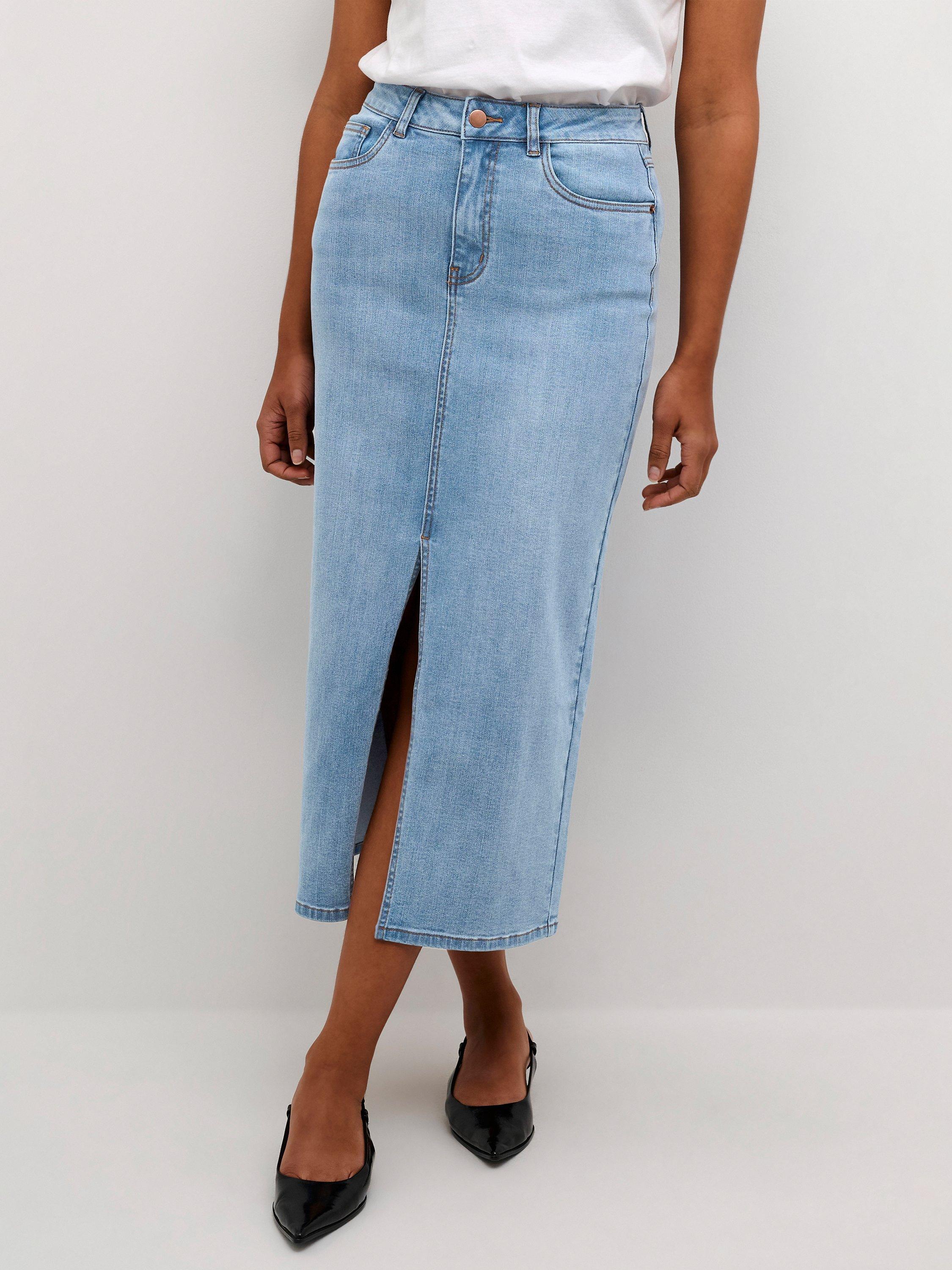 Product image 1 of 5, which shows KAFFE Sinem Denim Midi Skirt, Light Blue, 14