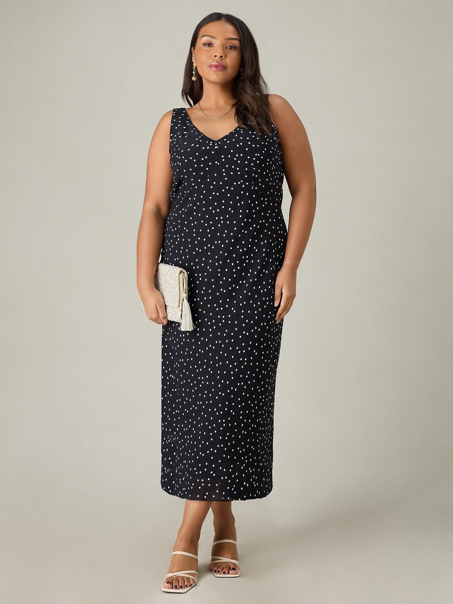 Product image 1 of 5, which shows Live Unlimited Curve Petite Mono Spot Print Bias Cut Midi Dress, Black, 28