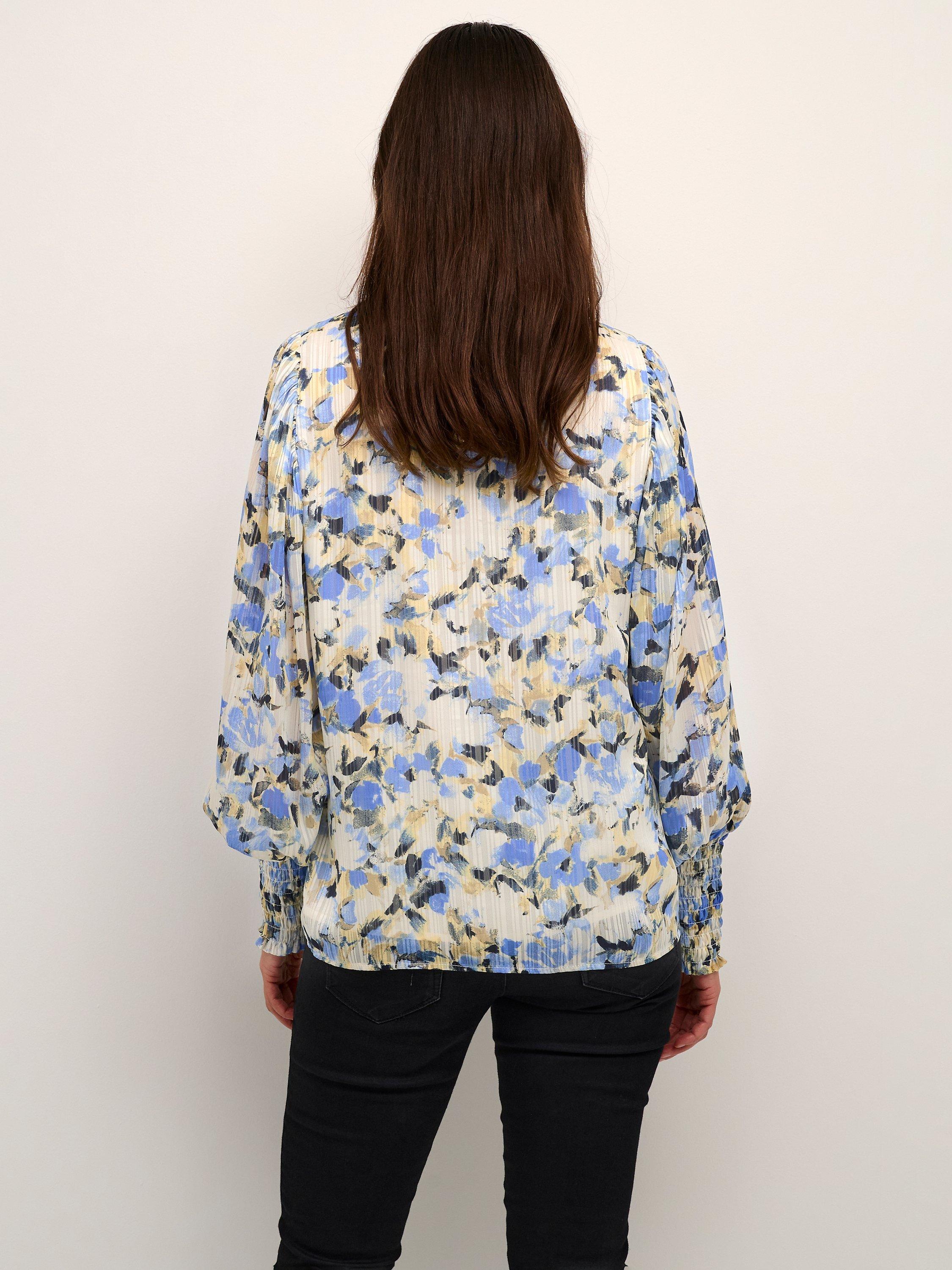 Product image 2 of 5, which shows KAFFE Eva Frill Collar Bishop Sleeve Blouse, Blue/Yellow, 8