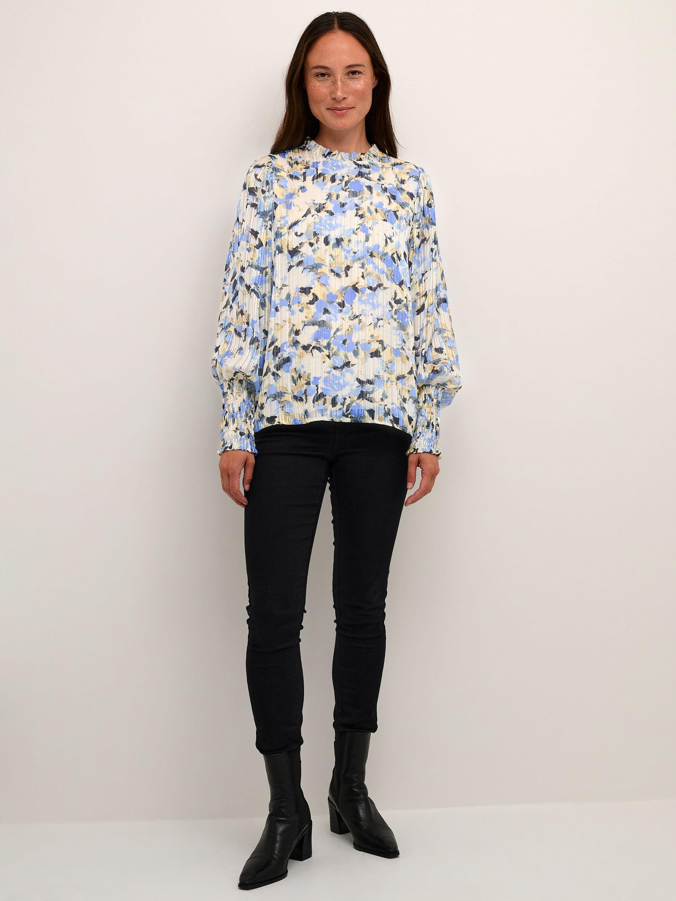 Product image 3 of 5, which shows KAFFE Eva Frill Collar Bishop Sleeve Blouse, Blue/Yellow, 8
