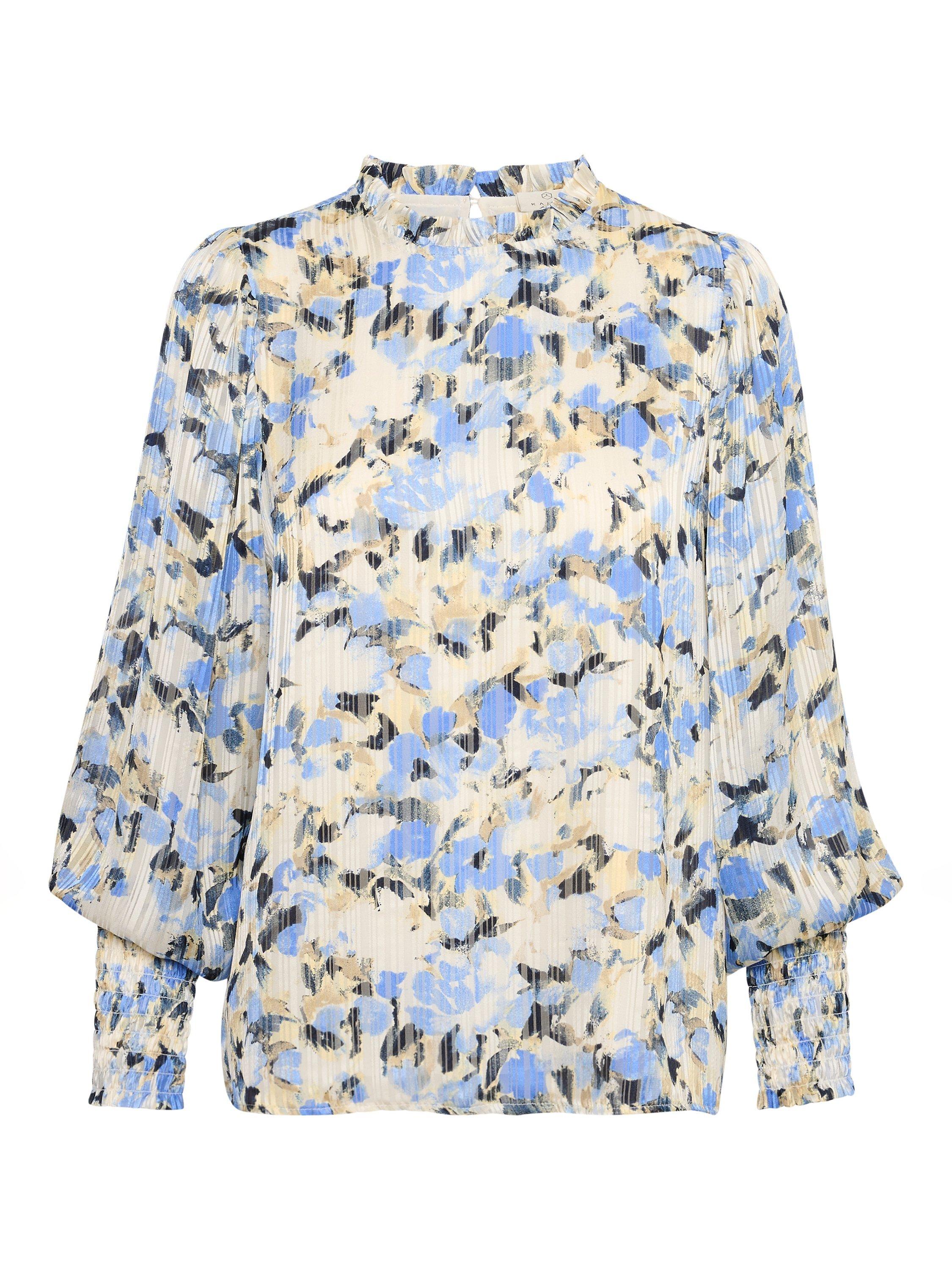 Product image 4 of 5, which shows KAFFE Eva Frill Collar Bishop Sleeve Blouse, Blue/Yellow, 8