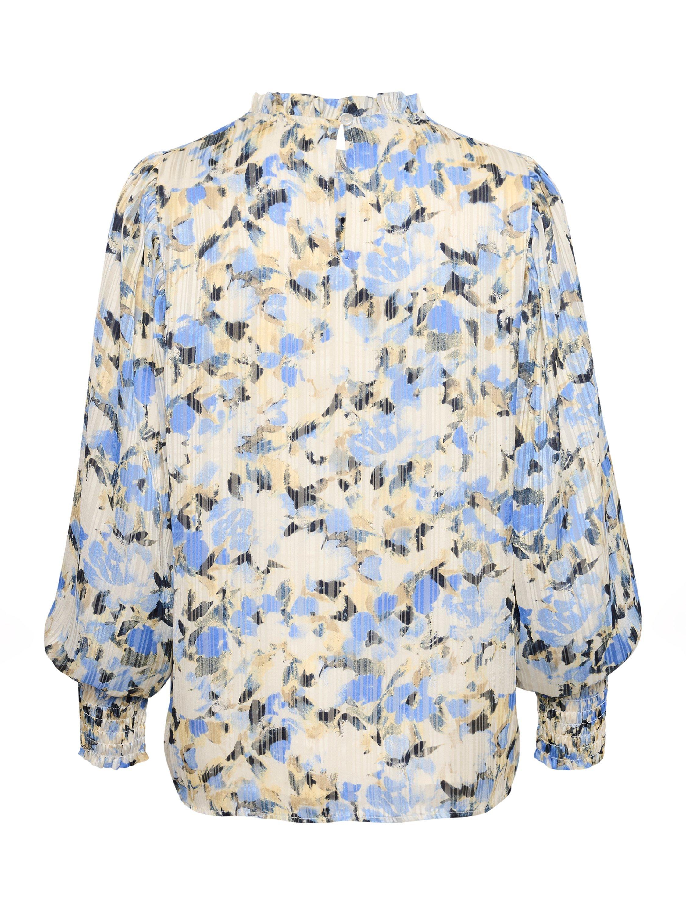 Product image 5 of 5, which shows KAFFE Eva Frill Collar Bishop Sleeve Blouse, Blue/Yellow, 8