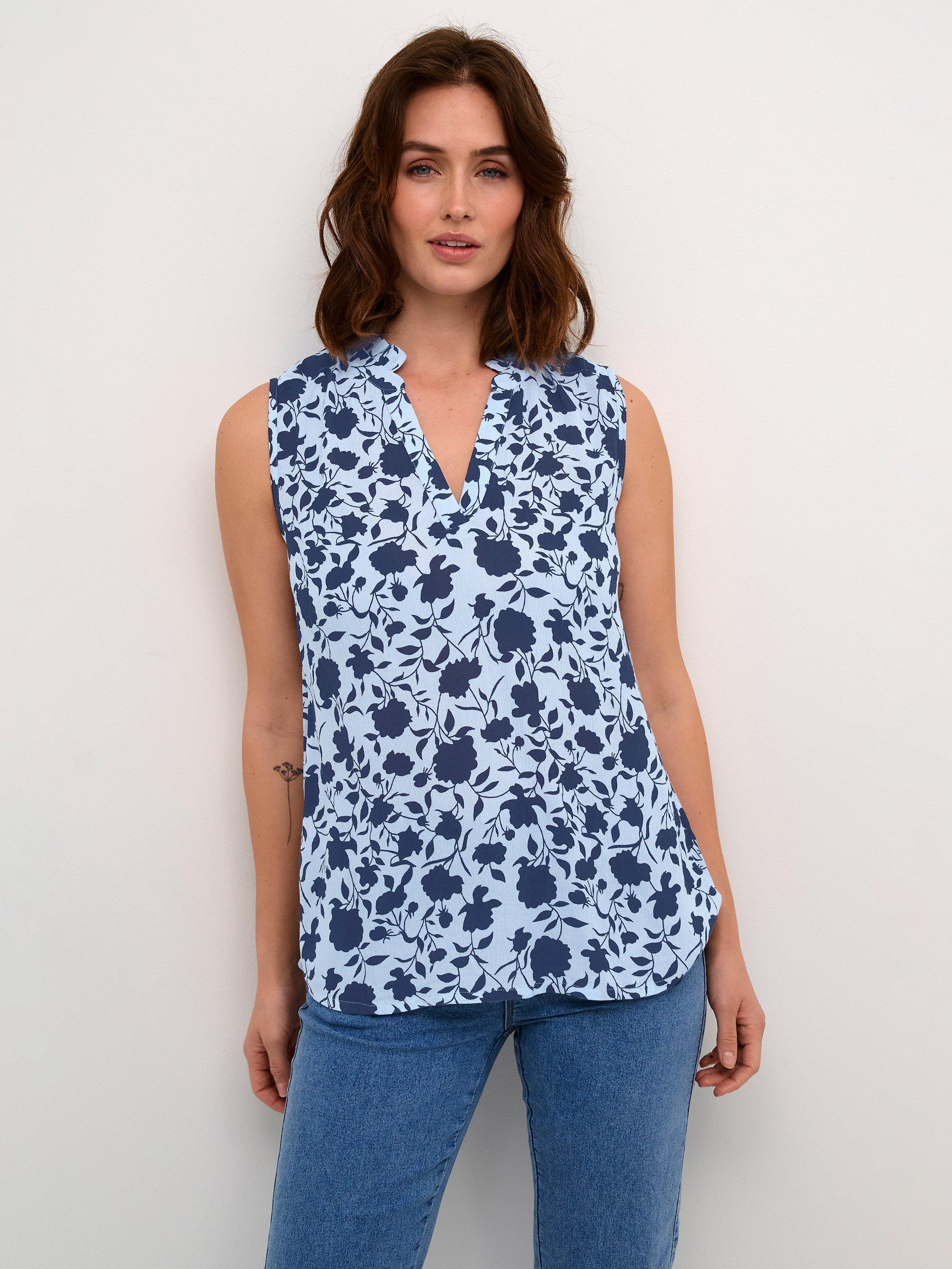 KAFFE Isolde Floral Print Sleeveless Blouse, Blue