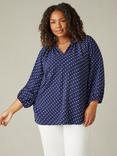 Live Unlimited Curve Dobby Ruffle Detail Neck Blouse, Navy