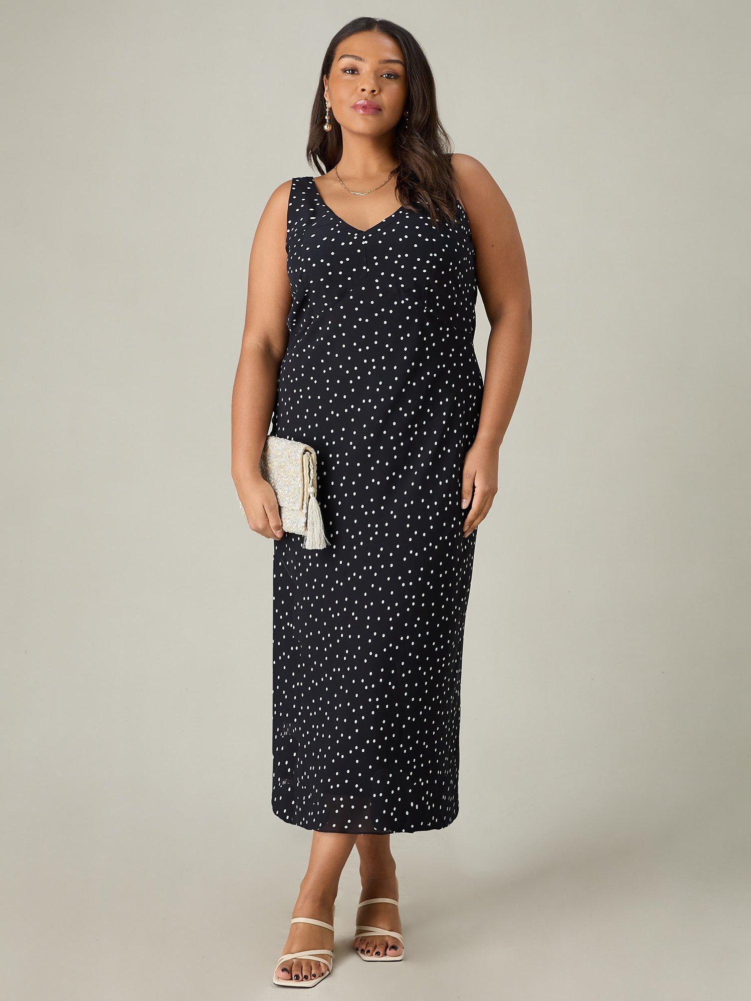 Product image 1 of 5, which shows Live Unlimited Curve Polka Dot Bias Cut Midi Dress, Black, 12